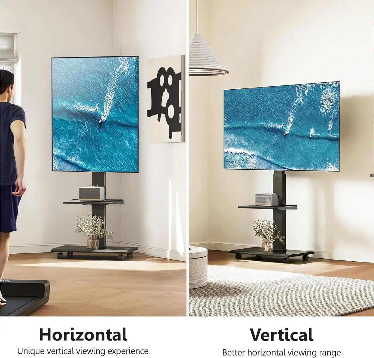 Alt view image 2 of 7 - Rolling TV Stand for 32-75 Inch TVs - Mobile TV Cart with Wheels, Swivel and Vertical and Horizontal Rotation, Portable TV Stand on Wheels up to 88lbs