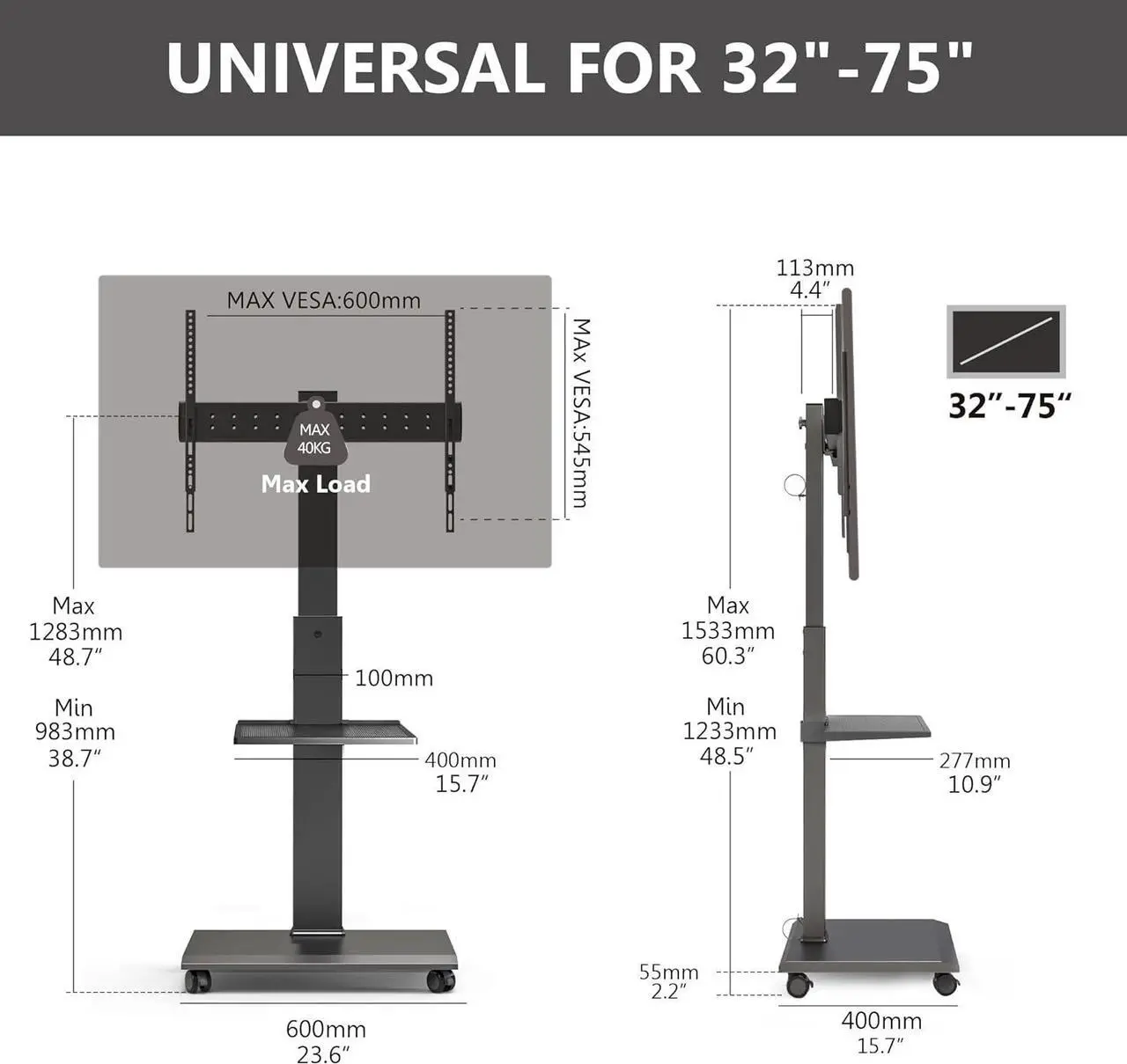 Alt view image 7 of 7 - Rolling TV Stand for 32-75 Inch TVs - Mobile TV Cart with Wheels, Swivel and Vertical and Horizontal Rotation, Portable TV Stand on Wheels up to 88lbs