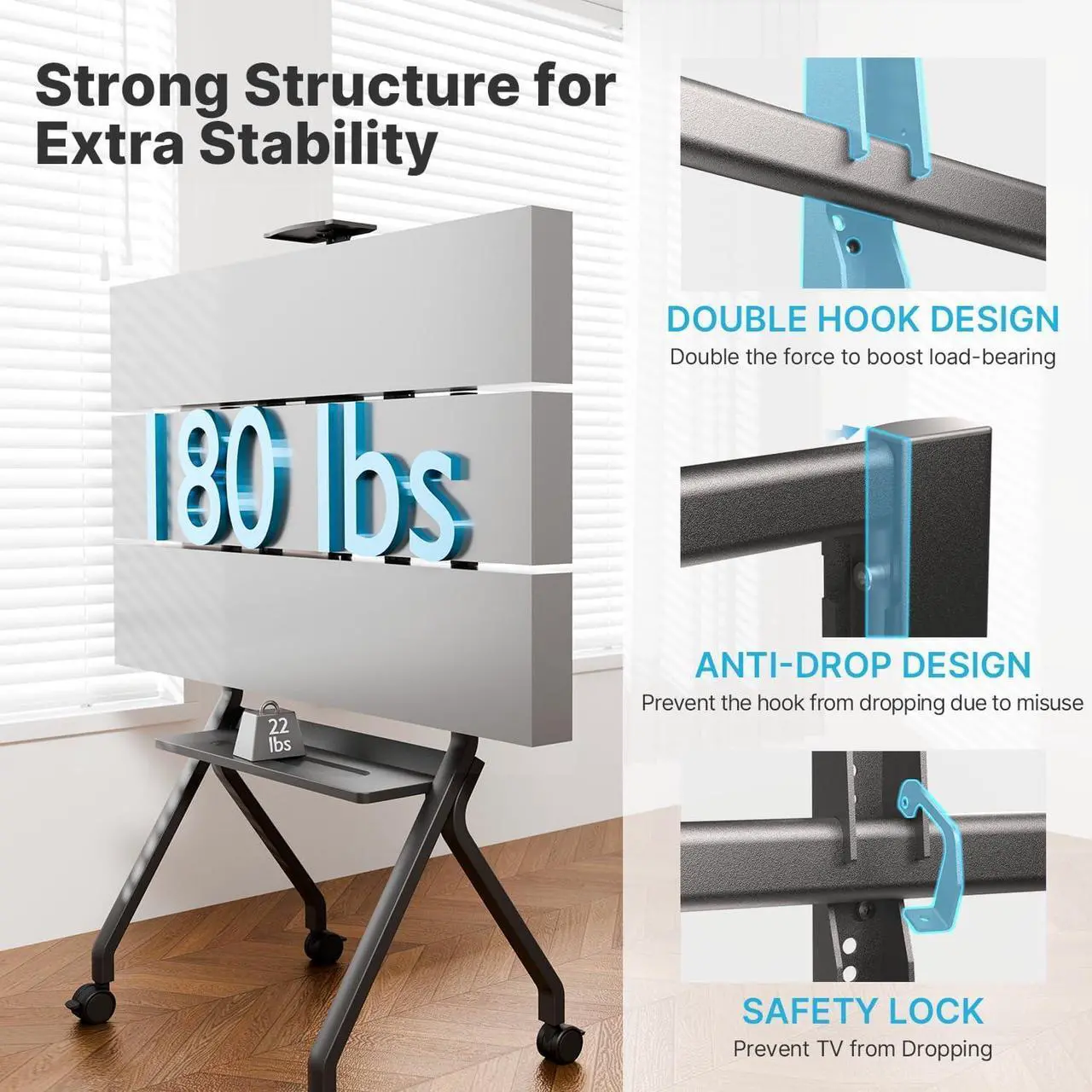 Alt view image 4 of 7 - Rolling TV Stand, 180 lbs Capacity for 42-75 Inch Flat Screen TVs, Portable TV Cart on Lockable Wheels,Mobile TV Cart with Storage Shelf Max VESA 700x500mm for Business,Office, School, Home