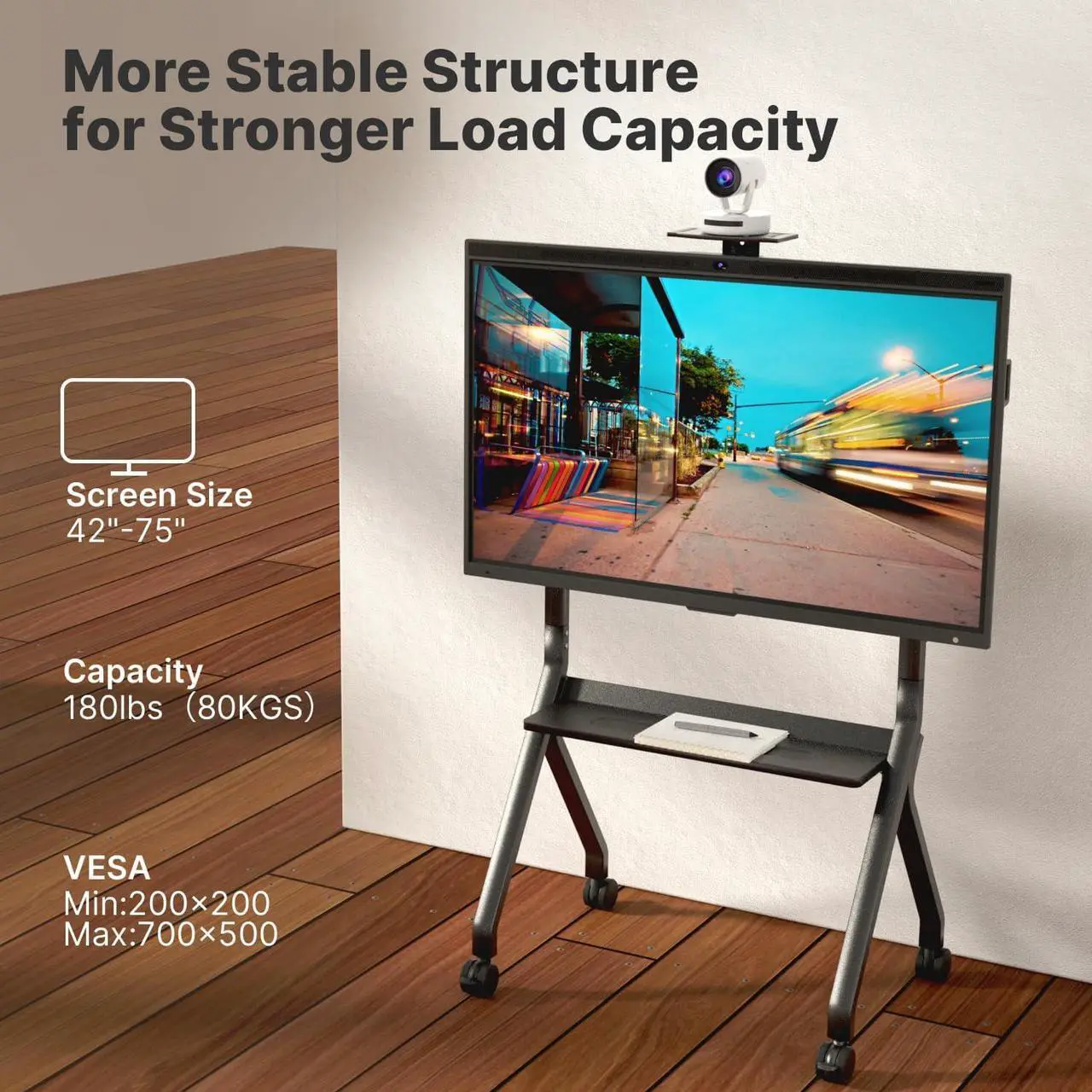 Alt view image 2 of 7 - Rolling TV Stand, 180 lbs Capacity for 42-75 Inch Flat Screen TVs, Portable TV Cart on Lockable Wheels,Mobile TV Cart with Storage Shelf Max VESA 700x500mm for Business,Office, School, Home