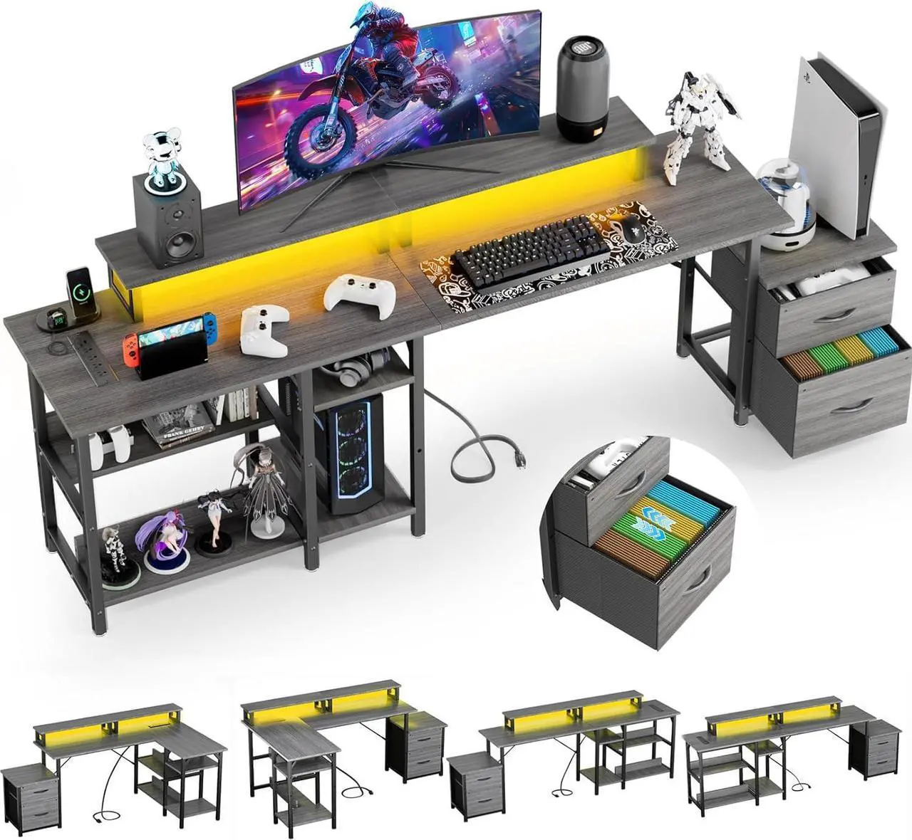 Main image of 69.3" Long Computer Gaming Desk with Storage,Large Customizable Reversible L Shaped Office Desks with Power Outlets & LED Lights, Corner Gaming Table with Monitor Stand, Grey