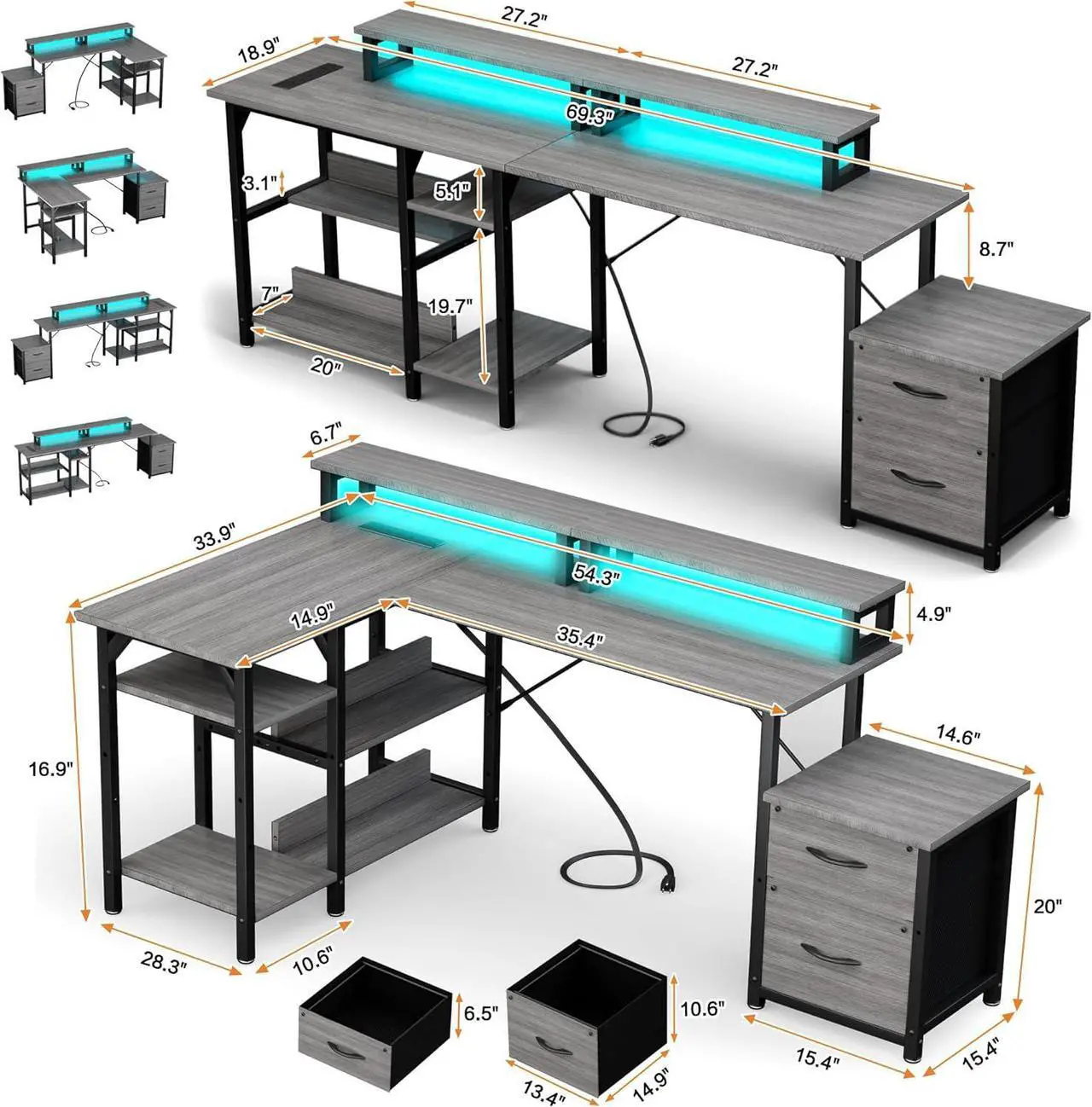 Alt view image 2 of 6 - 69.3" Long Computer Gaming Desk with Storage,Large Customizable Reversible L Shaped Office Desks with Power Outlets & LED Lights, Corner Gaming Table with Monitor Stand, Grey