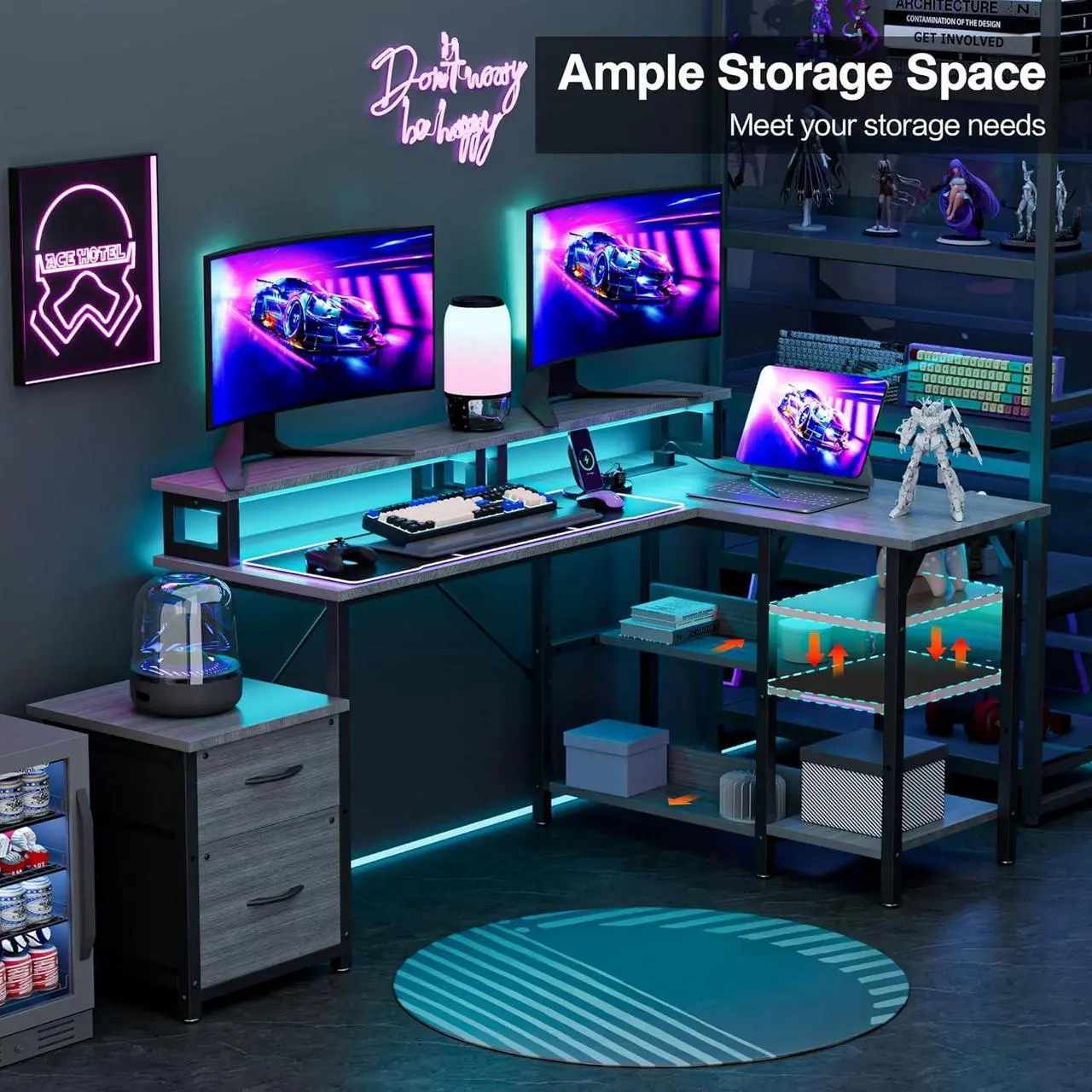 Alt view image 4 of 6 - 69.3" Long Computer Gaming Desk with Storage,Large Customizable Reversible L Shaped Office Desks with Power Outlets & LED Lights, Corner Gaming Table with Monitor Stand, Grey