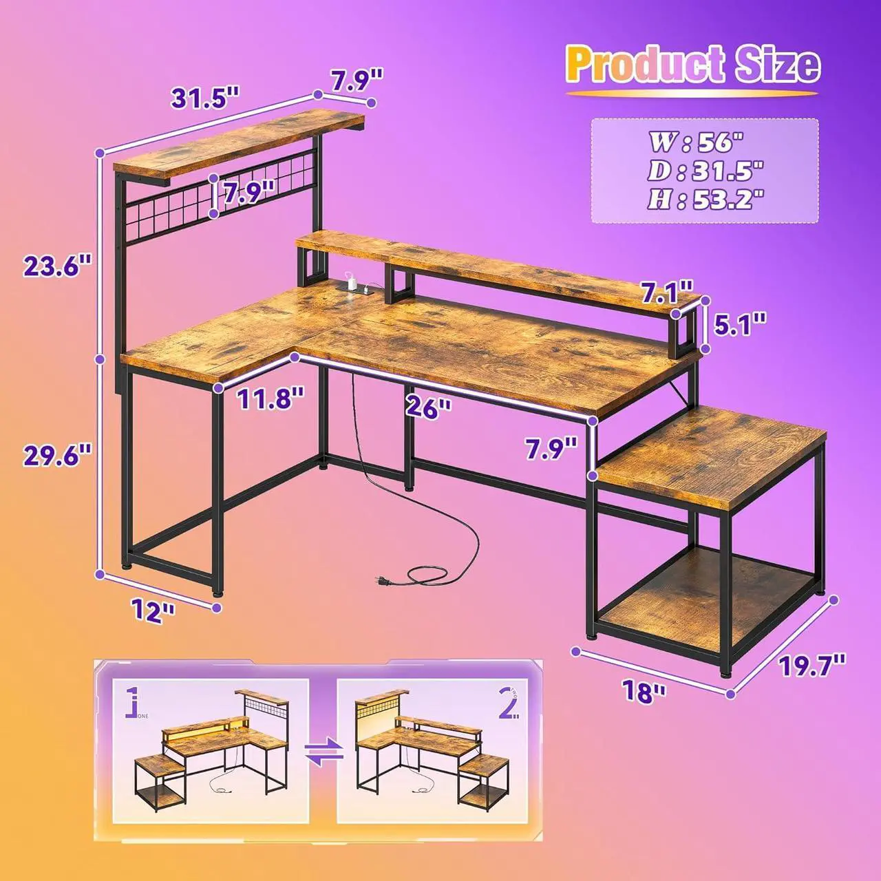 Alt view image 2 of 7 - 56" L Shaped Gaming Desk with Storage Shelf & Hooks,Computer Corner Desk with LED Lights & Power Outlets,Gaming Table with Monitor Stand & Print Stand for for Bedroom,Home Office,Rustic Brown