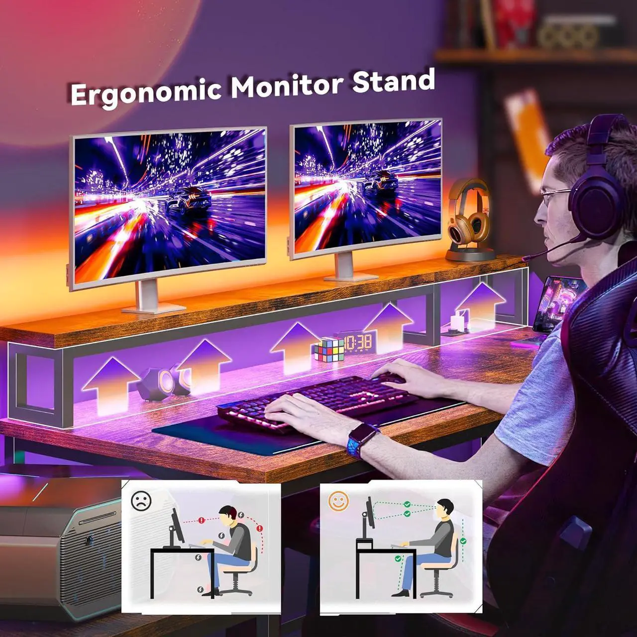 Alt view image 5 of 7 - 56" L Shaped Gaming Desk with Storage Shelf & Hooks,Computer Corner Desk with LED Lights & Power Outlets,Gaming Table with Monitor Stand & Print Stand for for Bedroom,Home Office,Rustic Brown