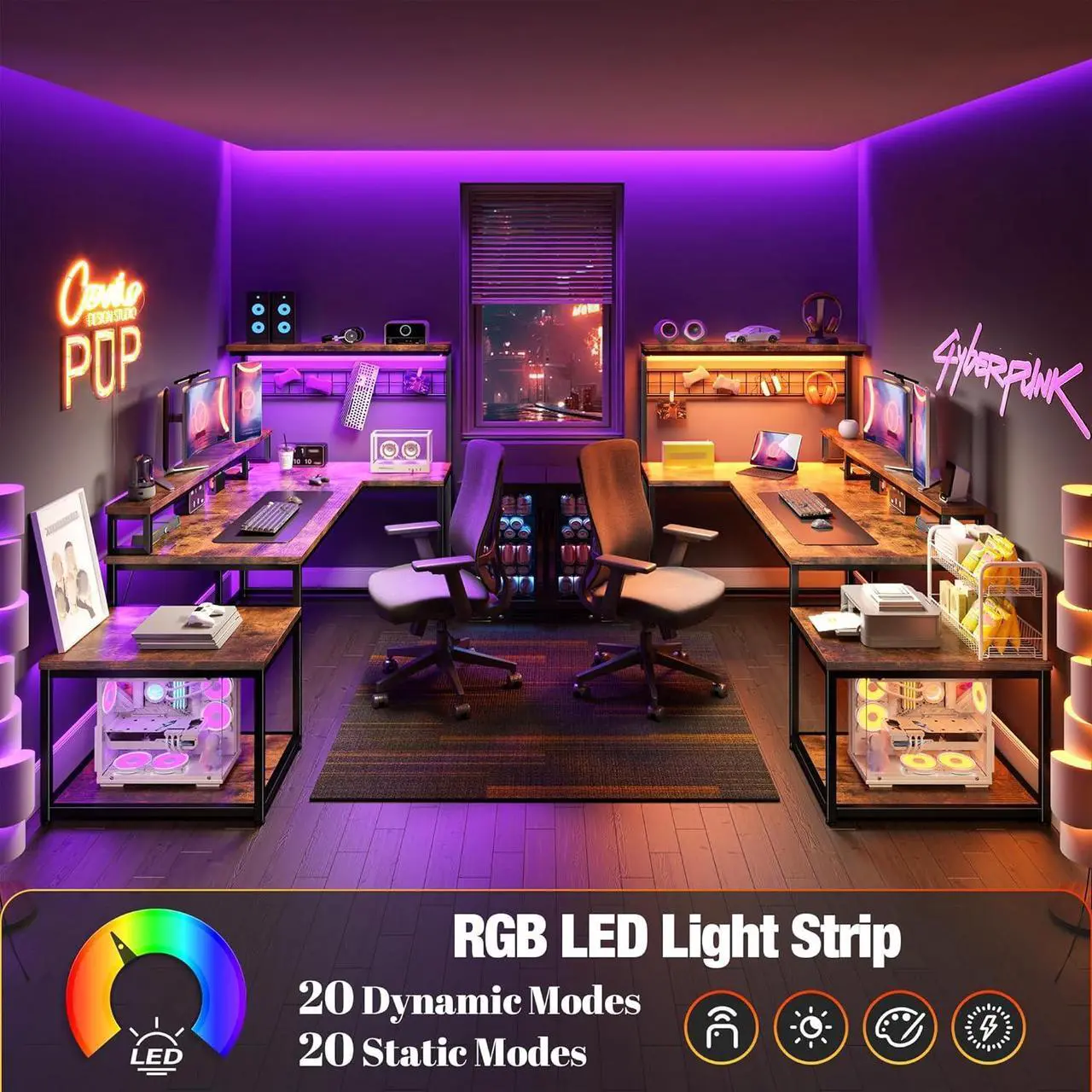 Alt view image 3 of 7 - 56" L Shaped Gaming Desk with Storage Shelf & Hooks,Computer Corner Desk with LED Lights & Power Outlets,Gaming Table with Monitor Stand & Print Stand for for Bedroom,Home Office,Rustic Brown
