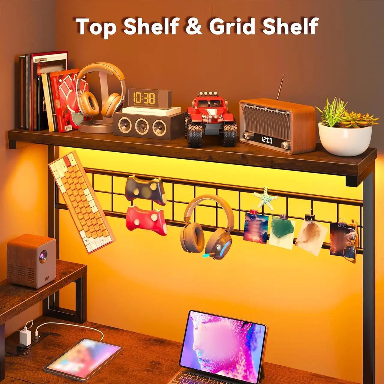 Alt view image 6 of 7 - 56" L Shaped Gaming Desk with Storage Shelf & Hooks,Computer Corner Desk with LED Lights & Power Outlets,Gaming Table with Monitor Stand & Print Stand for for Bedroom,Home Office,Rustic Brown