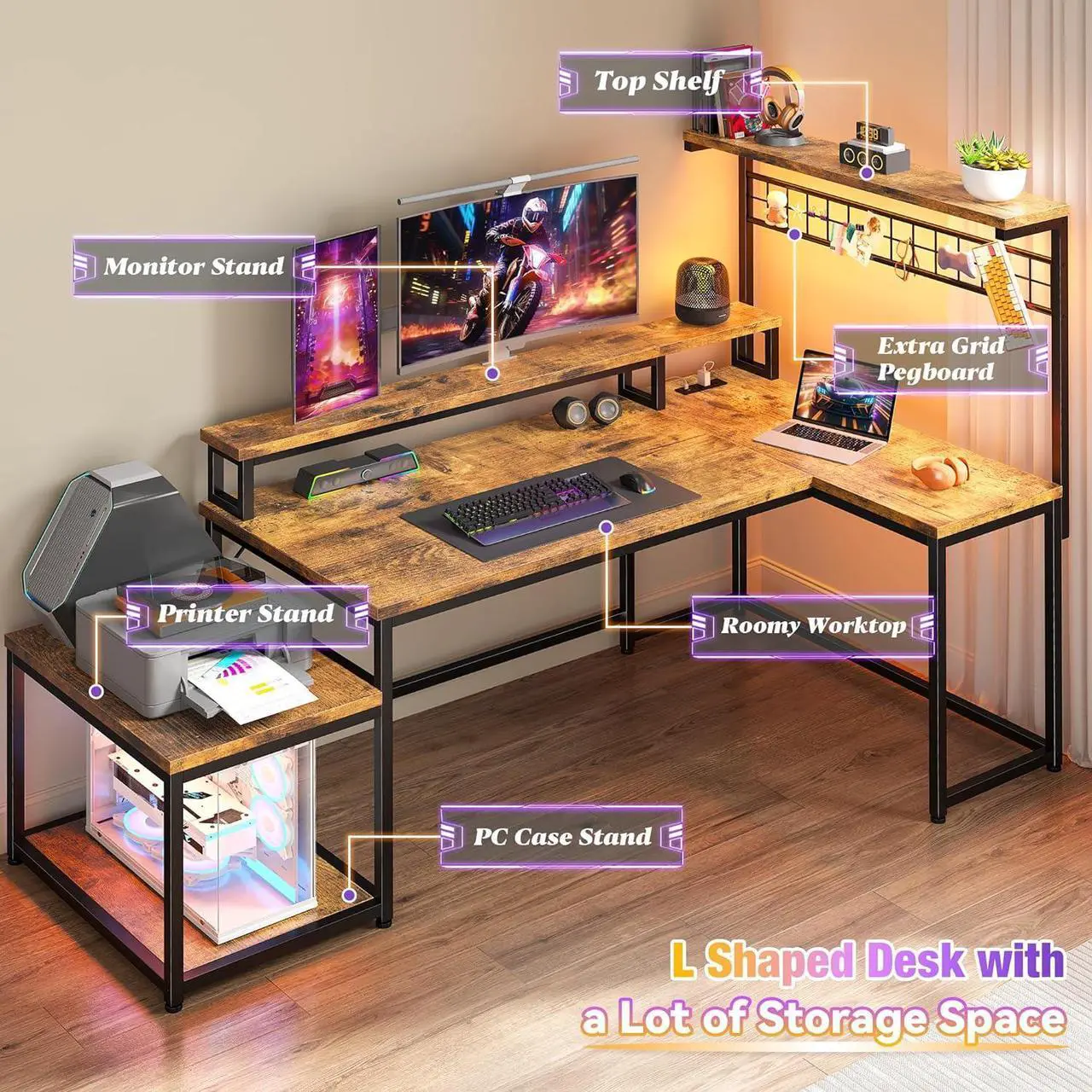 Alt view image 7 of 7 - 56" L Shaped Gaming Desk with Storage Shelf & Hooks,Computer Corner Desk with LED Lights & Power Outlets,Gaming Table with Monitor Stand & Print Stand for for Bedroom,Home Office,Rustic Brown