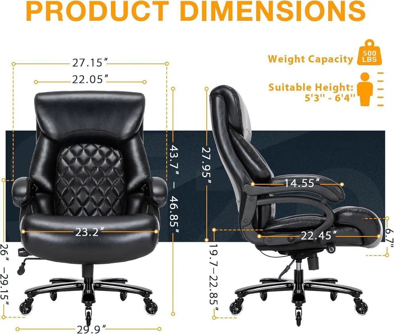 Alt view image 6 of 7 - Big and Tall Office Chair for Heavy People, 500LBS High Back Extra Wide Heavy Duty Executive Office Chair Comfortable for Home Office, Large Computer Desk Chair with Adjustable Lumbar Support Black