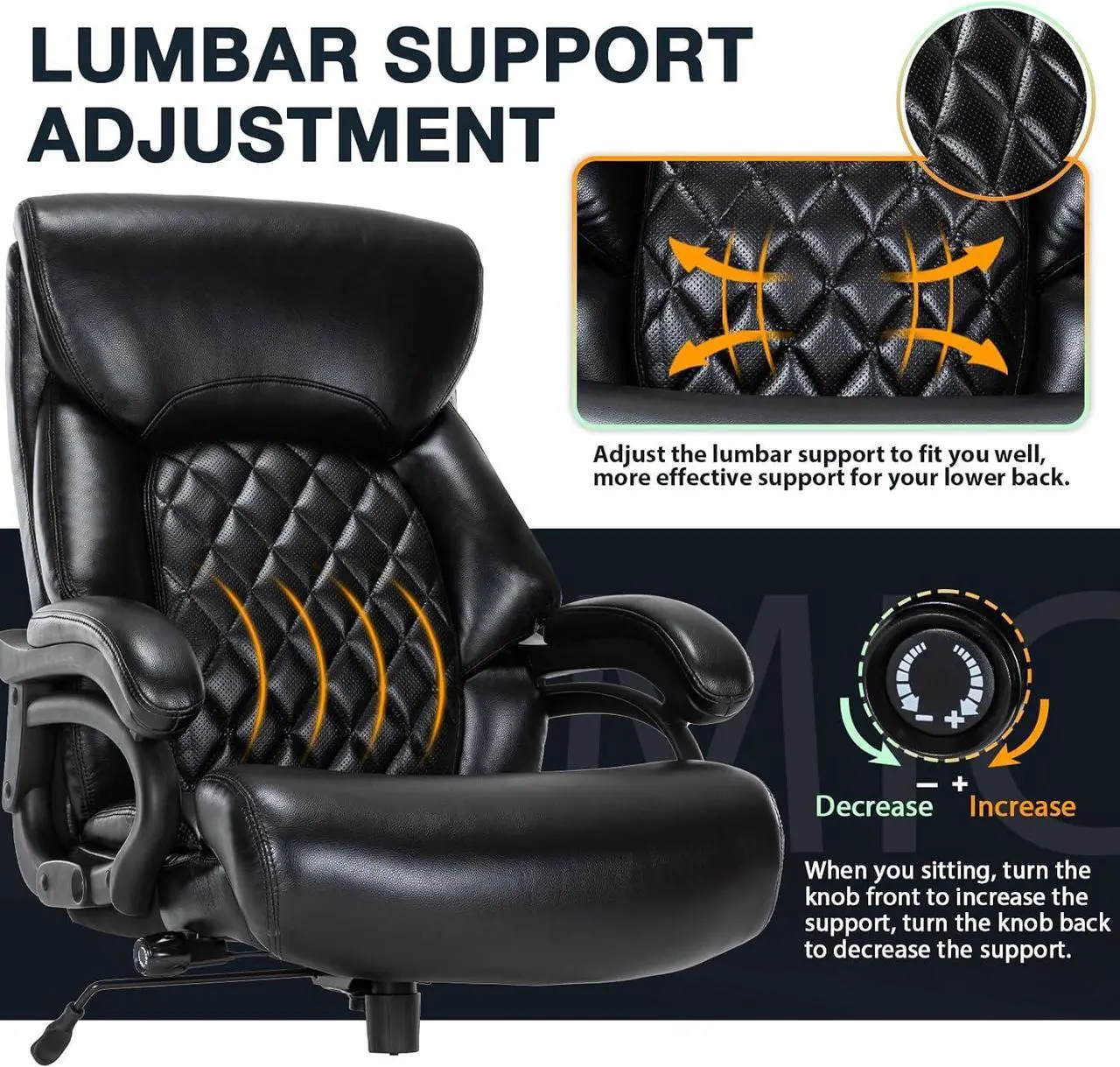 Alt view image 5 of 7 - Big and Tall Office Chair for Heavy People, 500LBS High Back Extra Wide Heavy Duty Executive Office Chair Comfortable for Home Office, Large Computer Desk Chair with Adjustable Lumbar Support Black