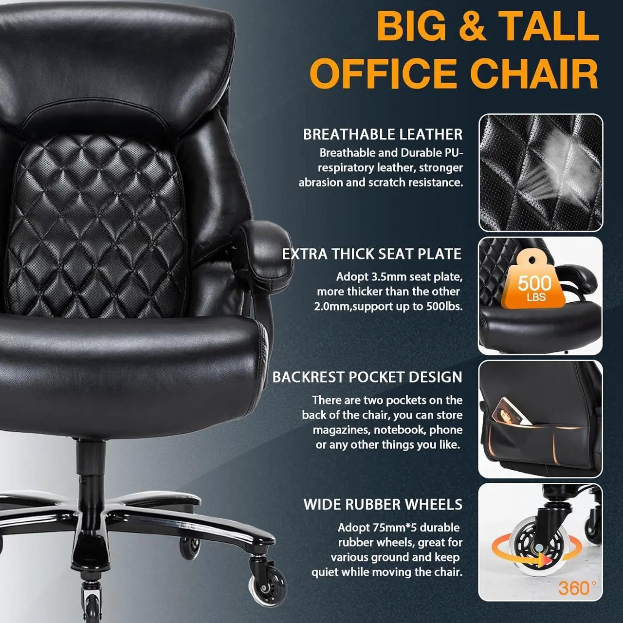 Alt view image 3 of 7 - Big and Tall Office Chair for Heavy People, 500LBS High Back Extra Wide Heavy Duty Executive Office Chair Comfortable for Home Office, Large Computer Desk Chair with Adjustable Lumbar Support Black
