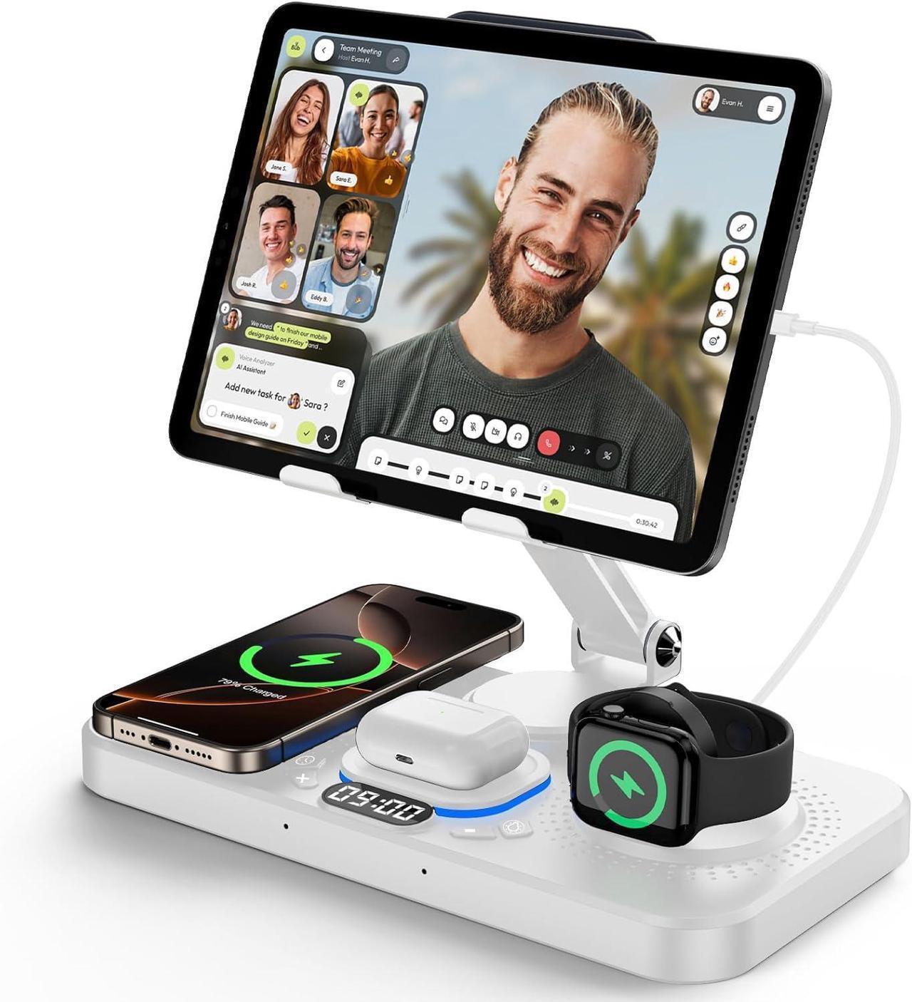 Main image of 6 in 1 Wireless Charger for Apple Device, Foldable Charging Station for ipad with Clock Display & 7 Color Ambient Light, Wireless Stand Charger for iWatch Series/iPhone 16/15/14/AirPods 4/3(White)