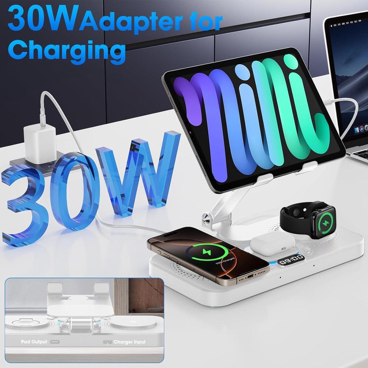 Alt view image 3 of 7 - 6 in 1 Wireless Charger for Apple Device, Foldable Charging Station for ipad with Clock Display & 7 Color Ambient Light, Wireless Stand Charger for iWatch Series/iPhone 16/15/14/AirPods 4/3(White)
