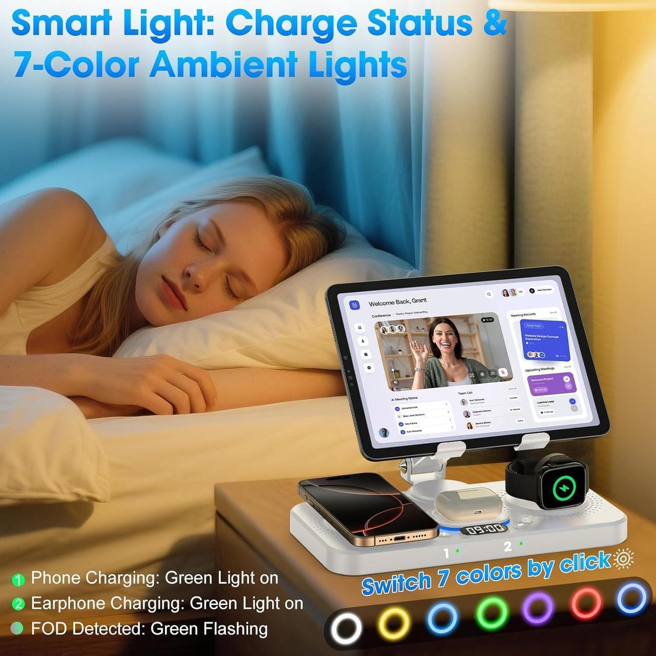 Alt view image 4 of 7 - 6 in 1 Wireless Charger for Apple Device, Foldable Charging Station for ipad with Clock Display & 7 Color Ambient Light, Wireless Stand Charger for iWatch Series/iPhone 16/15/14/AirPods 4/3(White)