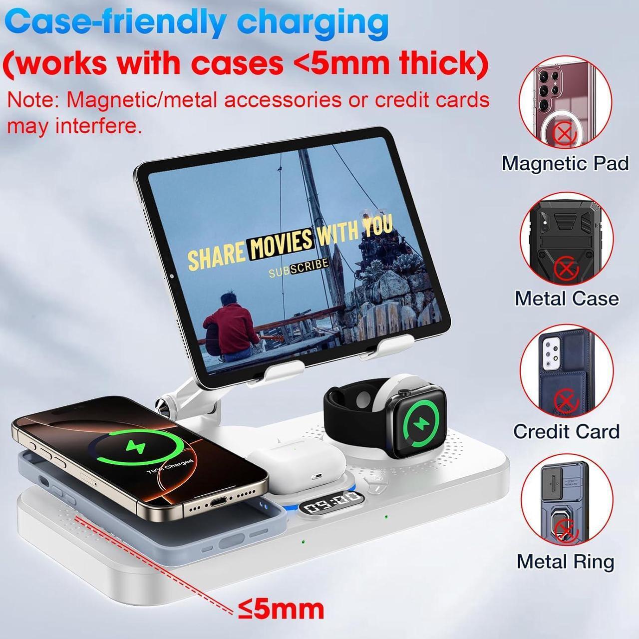 Alt view image 6 of 7 - 6 in 1 Wireless Charger for Apple Device, Foldable Charging Station for ipad with Clock Display & 7 Color Ambient Light, Wireless Stand Charger for iWatch Series/iPhone 16/15/14/AirPods 4/3(White)
