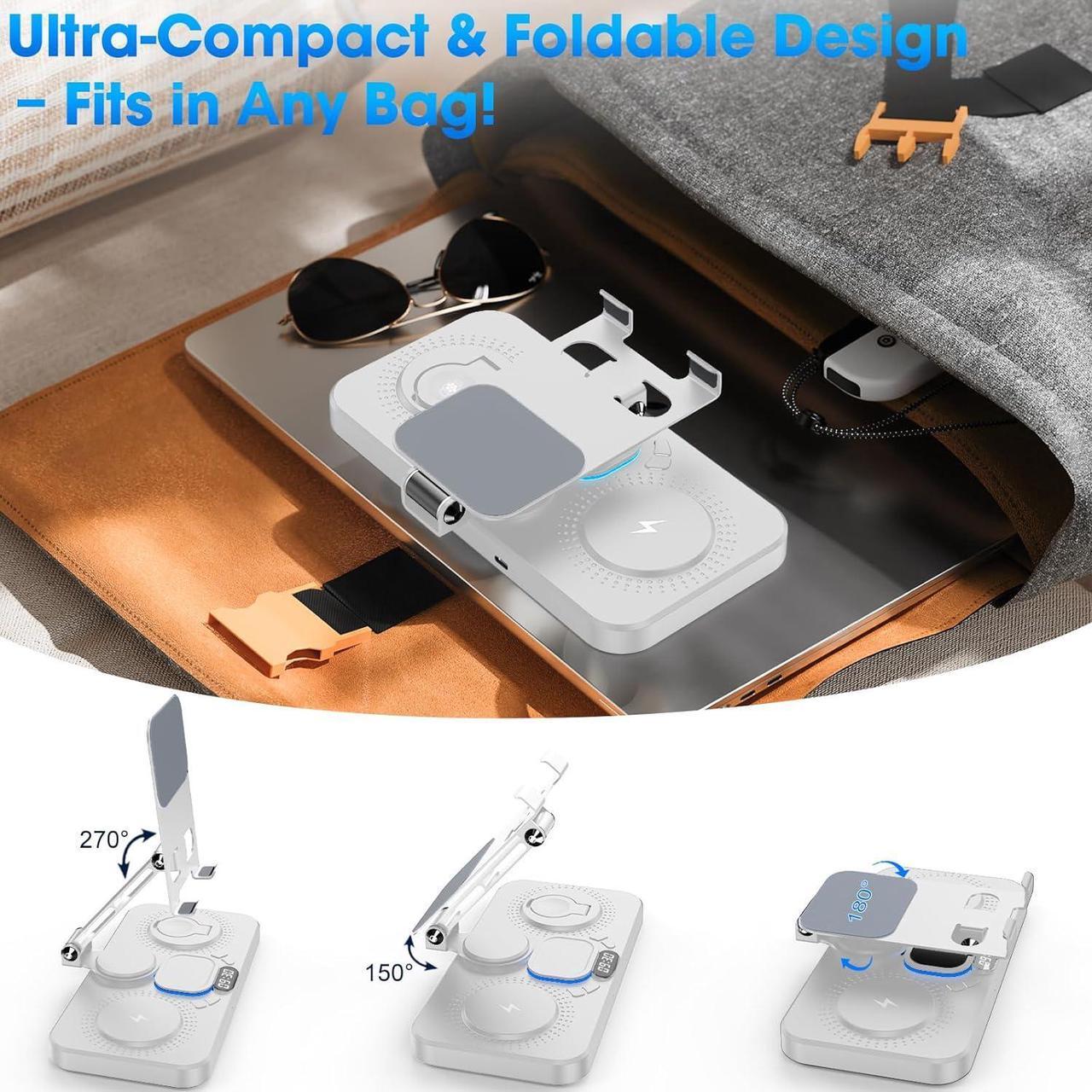 Alt view image 7 of 7 - 6 in 1 Wireless Charger for Apple Device, Foldable Charging Station for ipad with Clock Display & 7 Color Ambient Light, Wireless Stand Charger for iWatch Series/iPhone 16/15/14/AirPods 4/3(White)