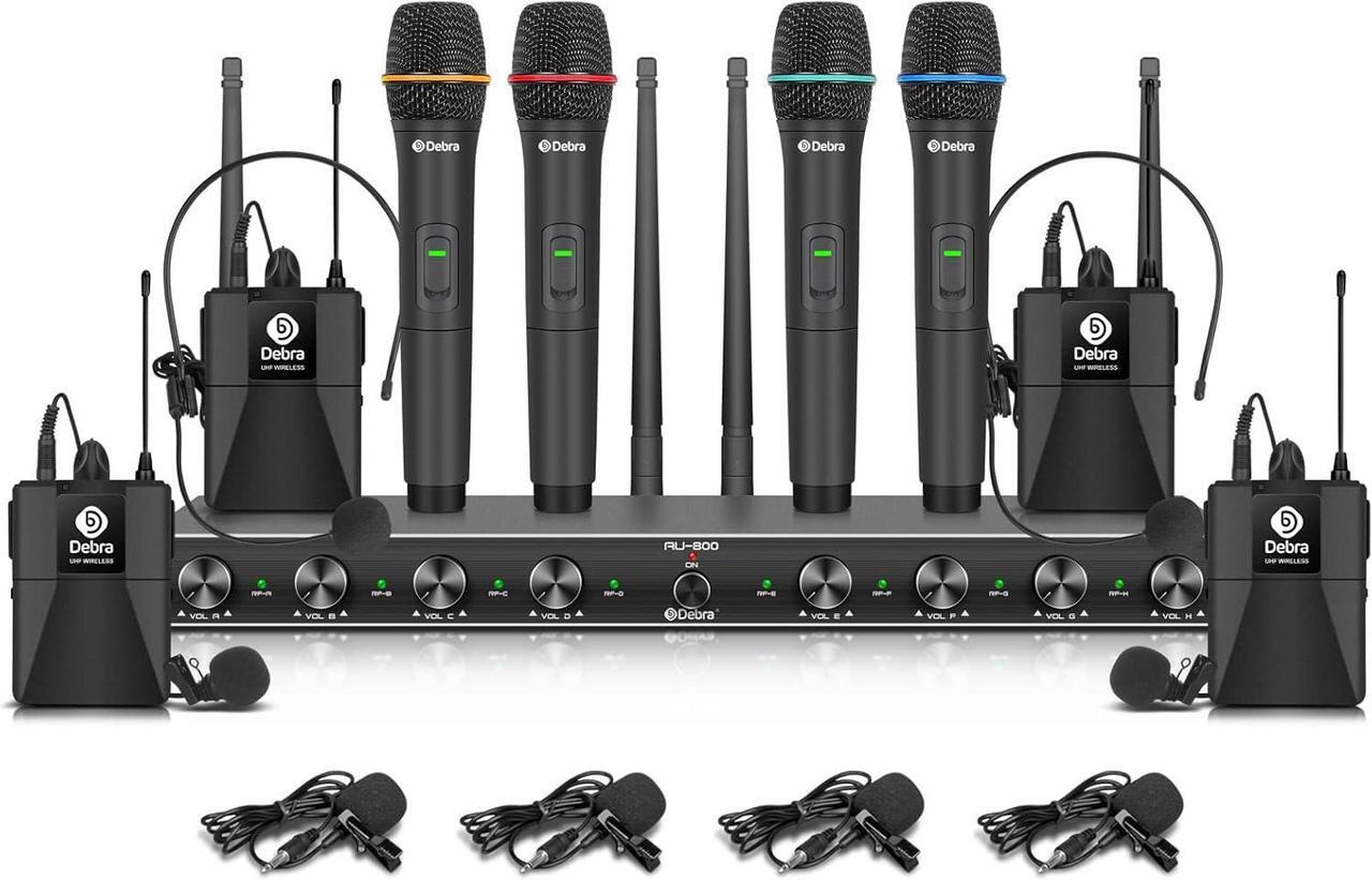Main image of UHF 8 Channel Wireless Microphone System with Cordless Handheld Lavalier Headset Mics, Metal Receiver, Ideal for Karaoke Church Party (4 Handheld & 4 Bodypack)