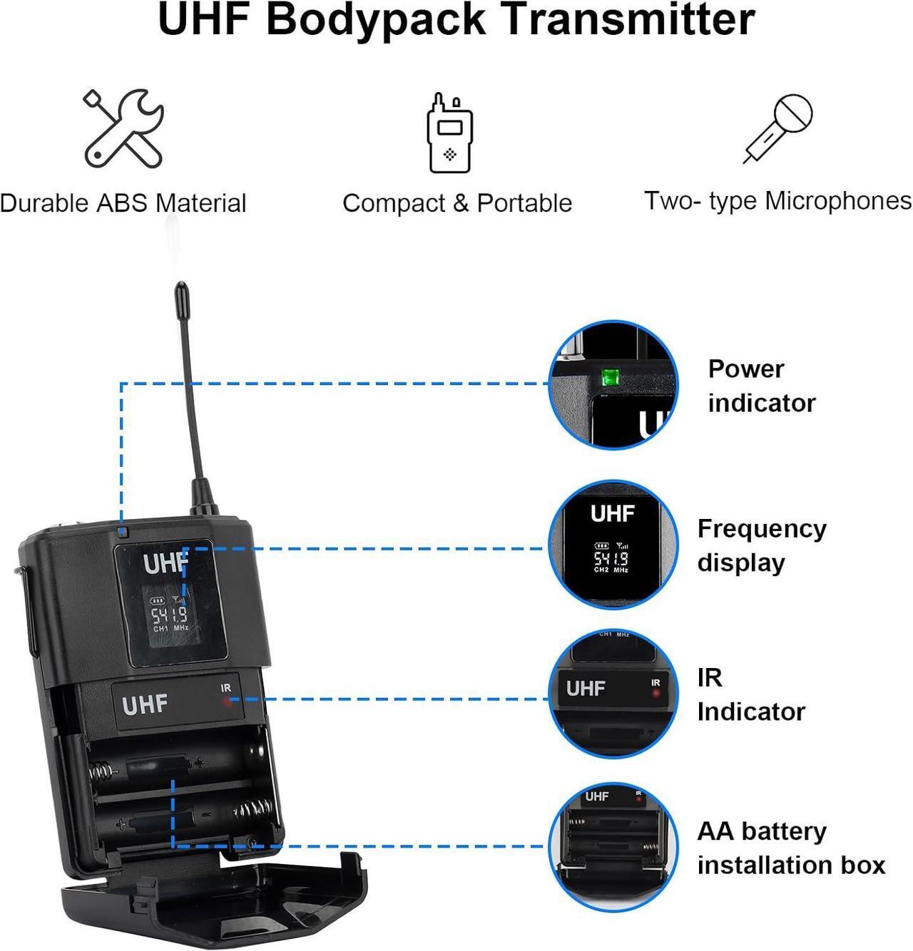 Alt view image 4 of 7 - Pro UHF 4 Channel Wireless Microphone System with Lapel Lavalier Mics, UHF Bodypack Cordless Lavalier Mic System Set, Auto Scan,Ideal for Home Karaoke Church Meeting, 250ft Range(4 Bodypack)