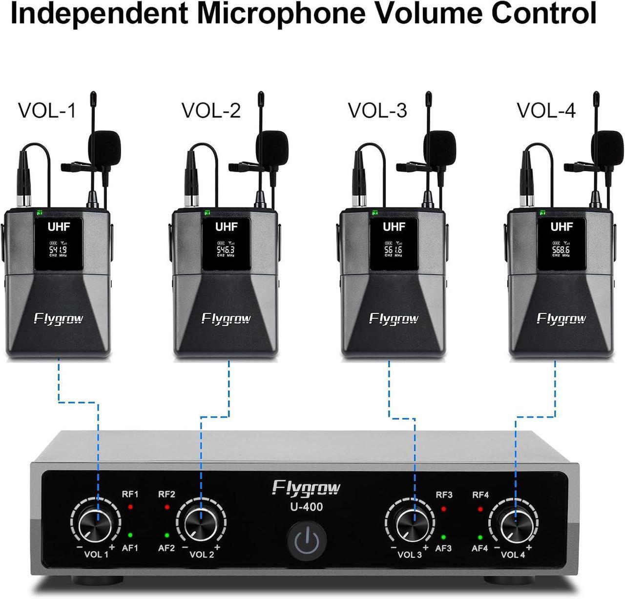 Alt view image 3 of 7 - Pro UHF 4 Channel Wireless Microphone System with Lapel Lavalier Mics, UHF Bodypack Cordless Lavalier Mic System Set, Auto Scan,Ideal for Home Karaoke Church Meeting, 250ft Range(4 Bodypack)