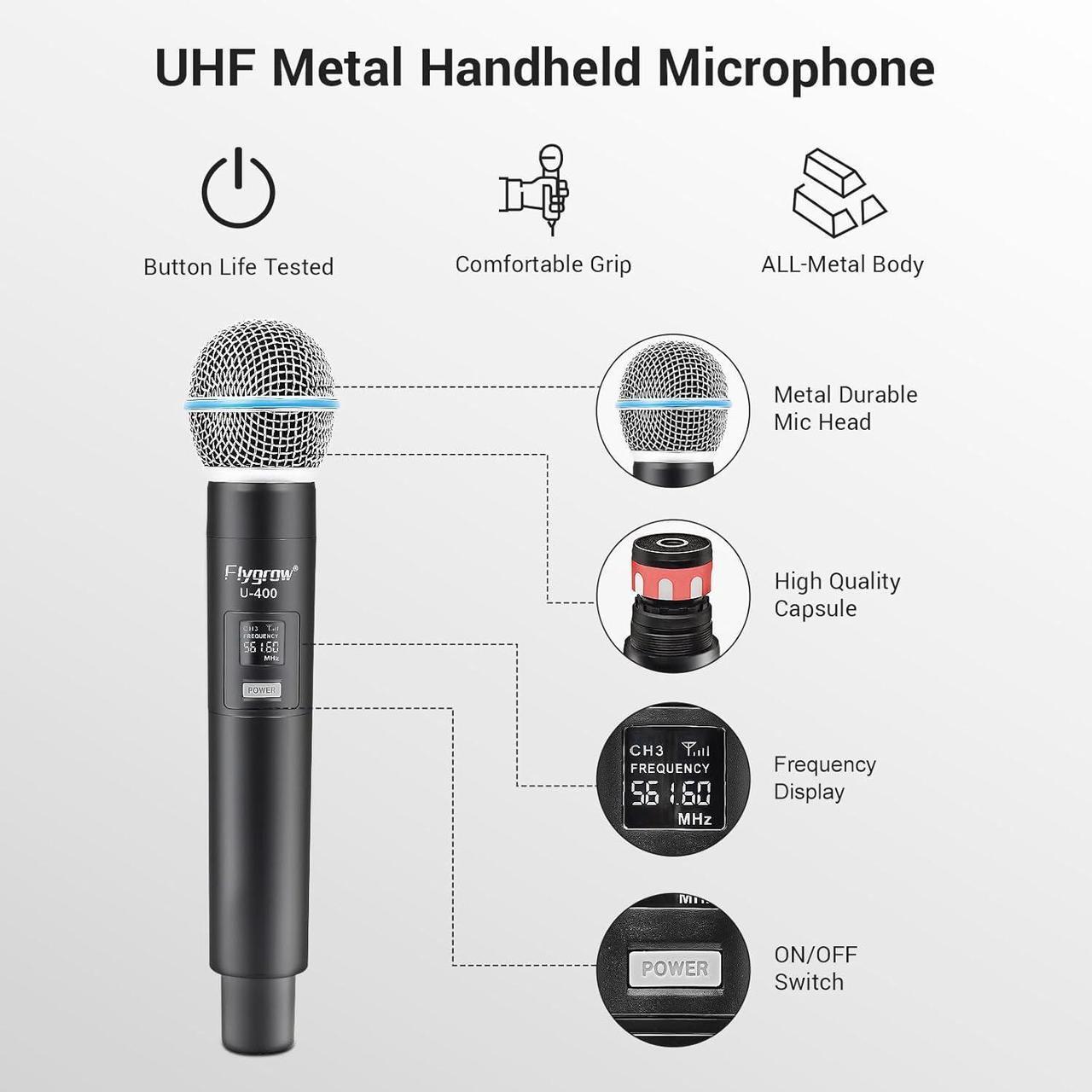 Alt view image 4 of 7 - Pro Wireless Microphone System, 4 Channel UHF Wireless Mic, Fixed Frequency Metal Cordless 4 Handheld Dynamic Microphones for Home Karaoke, Meeting, Wedding,250ft Range (4 Handheld)