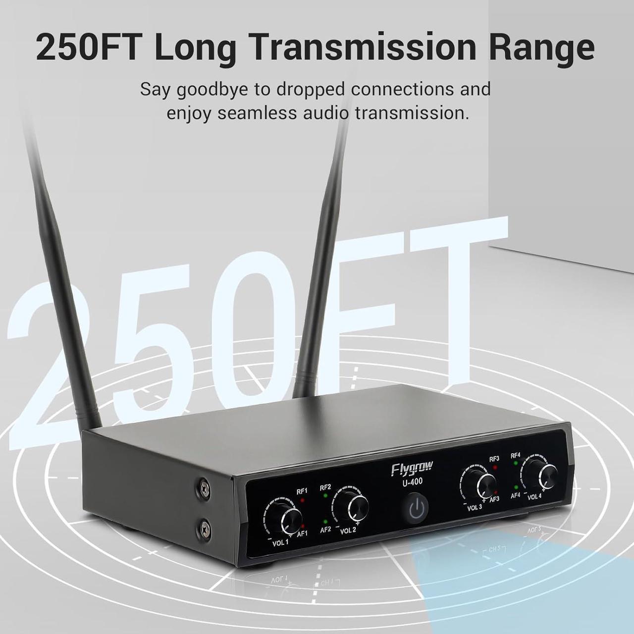Alt view image 3 of 7 - Pro Wireless Microphone System, 4 Channel UHF Wireless Mic, Fixed Frequency Metal Cordless 4 Handheld Dynamic Microphones for Home Karaoke, Meeting, Wedding,250ft Range (4 Handheld)