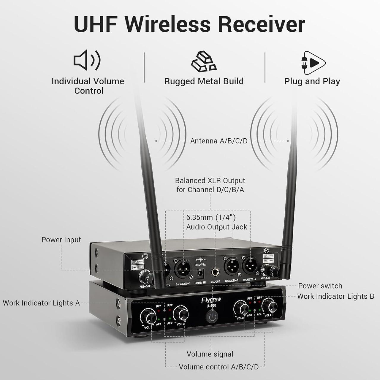 Alt view image 5 of 7 - Pro Wireless Microphone System, 4 Channel UHF Wireless Mic, Fixed Frequency Metal Cordless 4 Handheld Dynamic Microphones for Home Karaoke, Meeting, Wedding,250ft Range (4 Handheld)