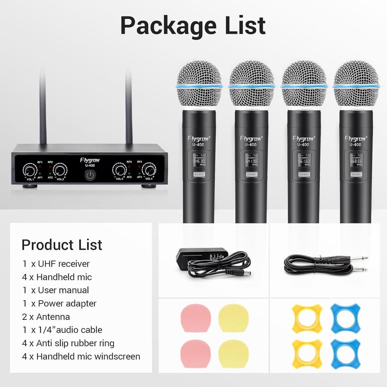 Alt view image 7 of 7 - Pro Wireless Microphone System, 4 Channel UHF Wireless Mic, Fixed Frequency Metal Cordless 4 Handheld Dynamic Microphones for Home Karaoke, Meeting, Wedding,250ft Range (4 Handheld)