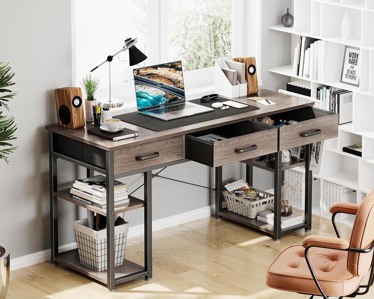 Alt view image 5 of 6 - Office Small Computer Desk: Home Table with Fabric Drawers & Storage Shelves, Modern Writing Desk, Grey Oak, 48"x16"