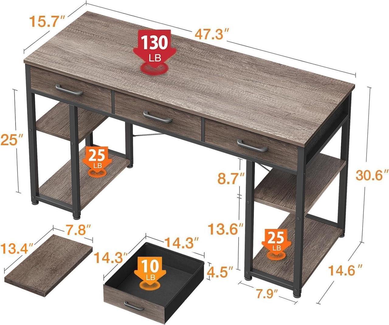 Alt view image 2 of 6 - Office Small Computer Desk: Home Table with Fabric Drawers & Storage Shelves, Modern Writing Desk, Grey Oak, 48"x16"