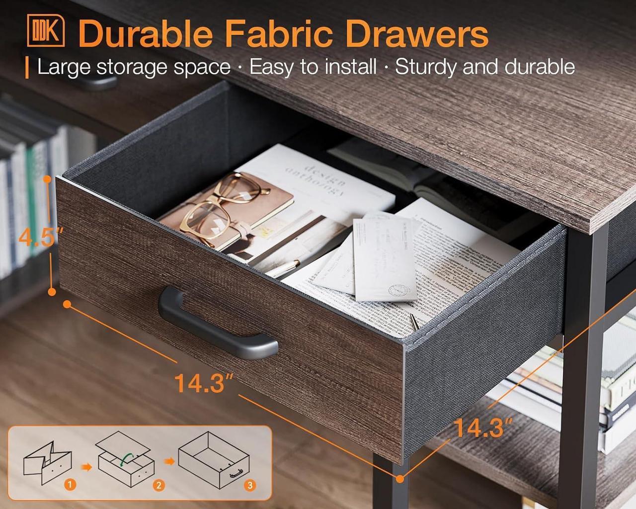 Alt view image 3 of 6 - Office Small Computer Desk: Home Table with Fabric Drawers & Storage Shelves, Modern Writing Desk, Grey Oak, 48"x16"