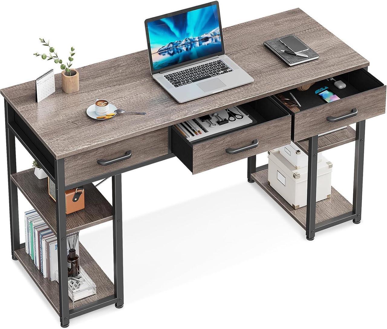 Main image of Office Small Computer Desk: Home Table with Fabric Drawers & Storage Shelves, Modern Writing Desk, Grey Oak, 48"x16"
