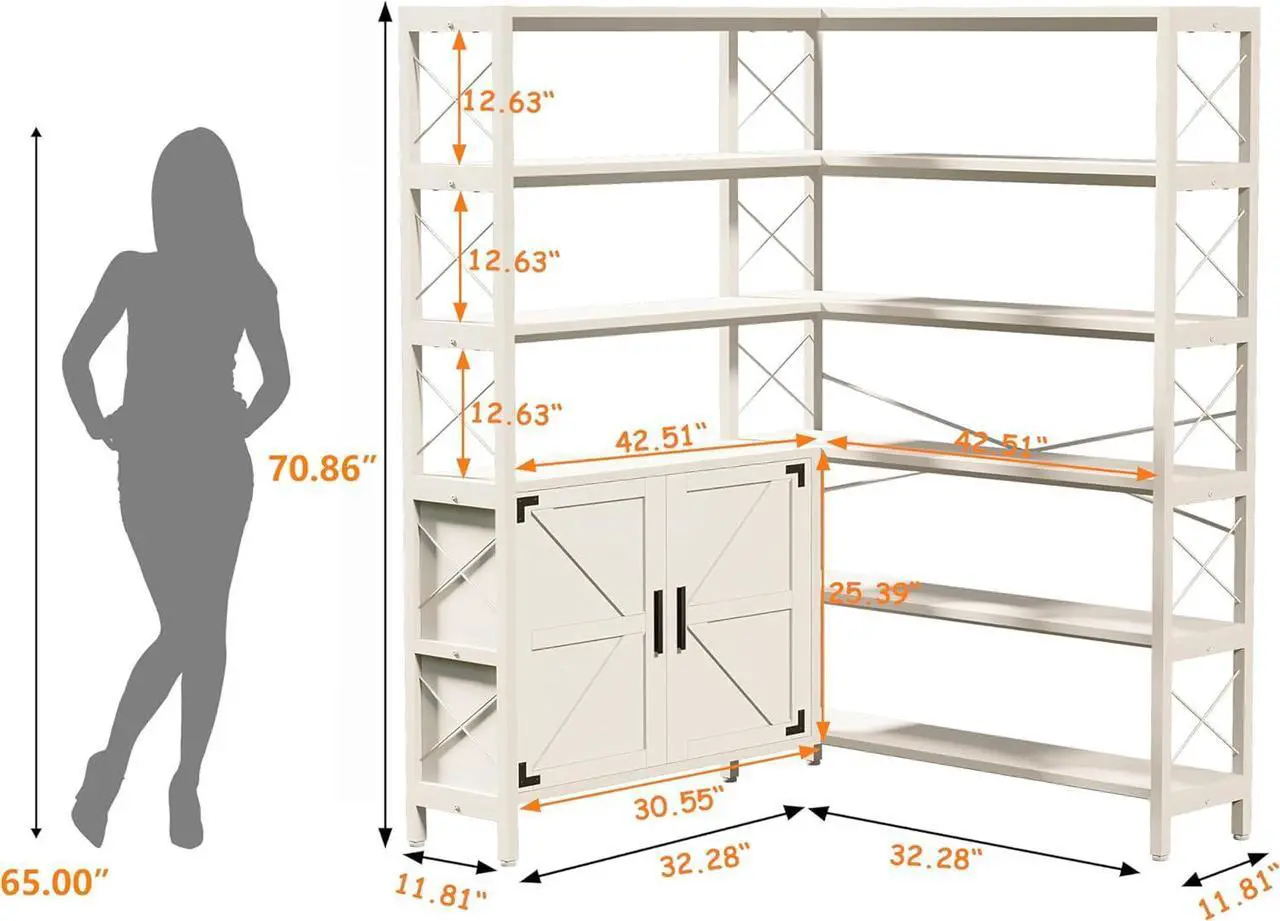 Alt view image 2 of 7 - 6-Shelf Corner Bookshelf, Vintage Industrial Corner Shelf Etagere Bookcase, Large Book Shelf with Metal Frame Open Storage Corner Cabinet (White-Lockers, Large)