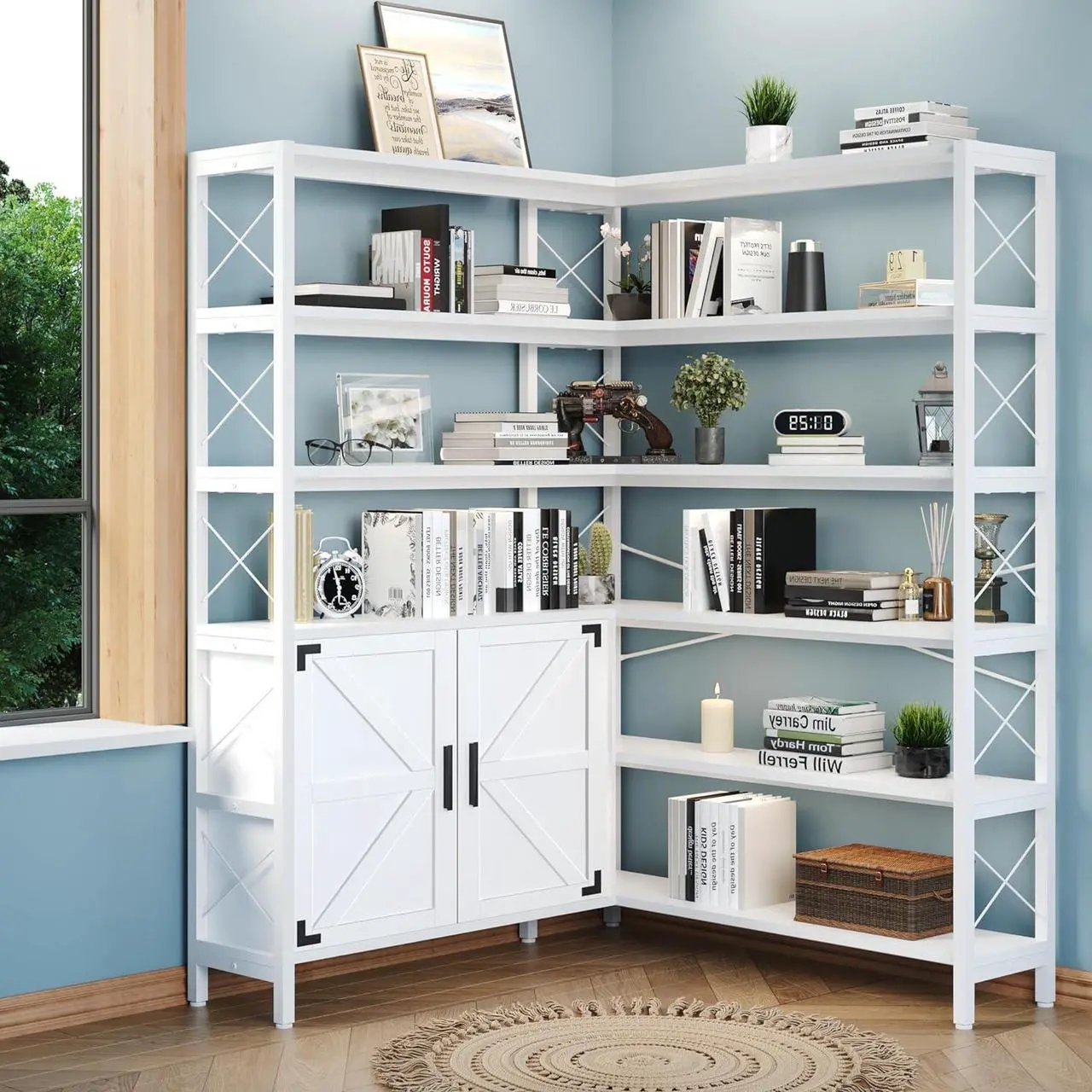 Main image of 6-Shelf Corner Bookshelf, Vintage Industrial Corner Shelf Etagere Bookcase, Large Book Shelf with Metal Frame Open Storage Corner Cabinet (White-Lockers, Large)