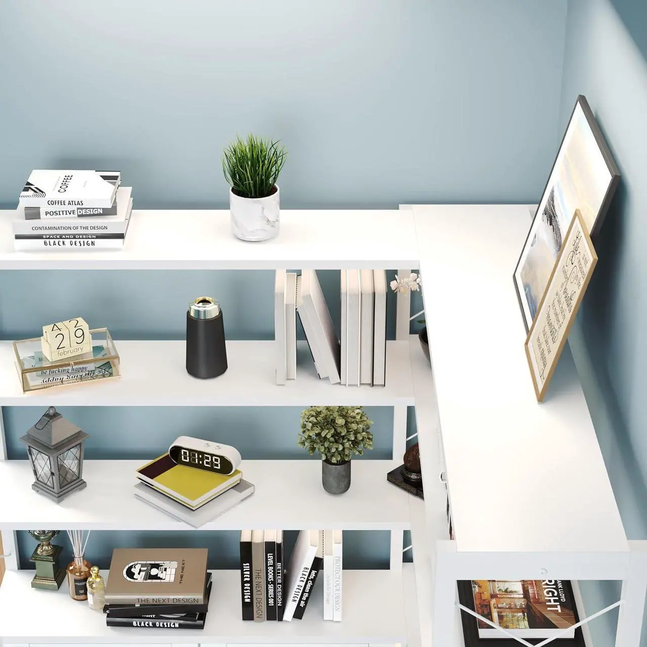 Alt view image 5 of 7 - 6-Shelf Corner Bookshelf, Vintage Industrial Corner Shelf Etagere Bookcase, Large Book Shelf with Metal Frame Open Storage Corner Cabinet (White-Lockers, Large)