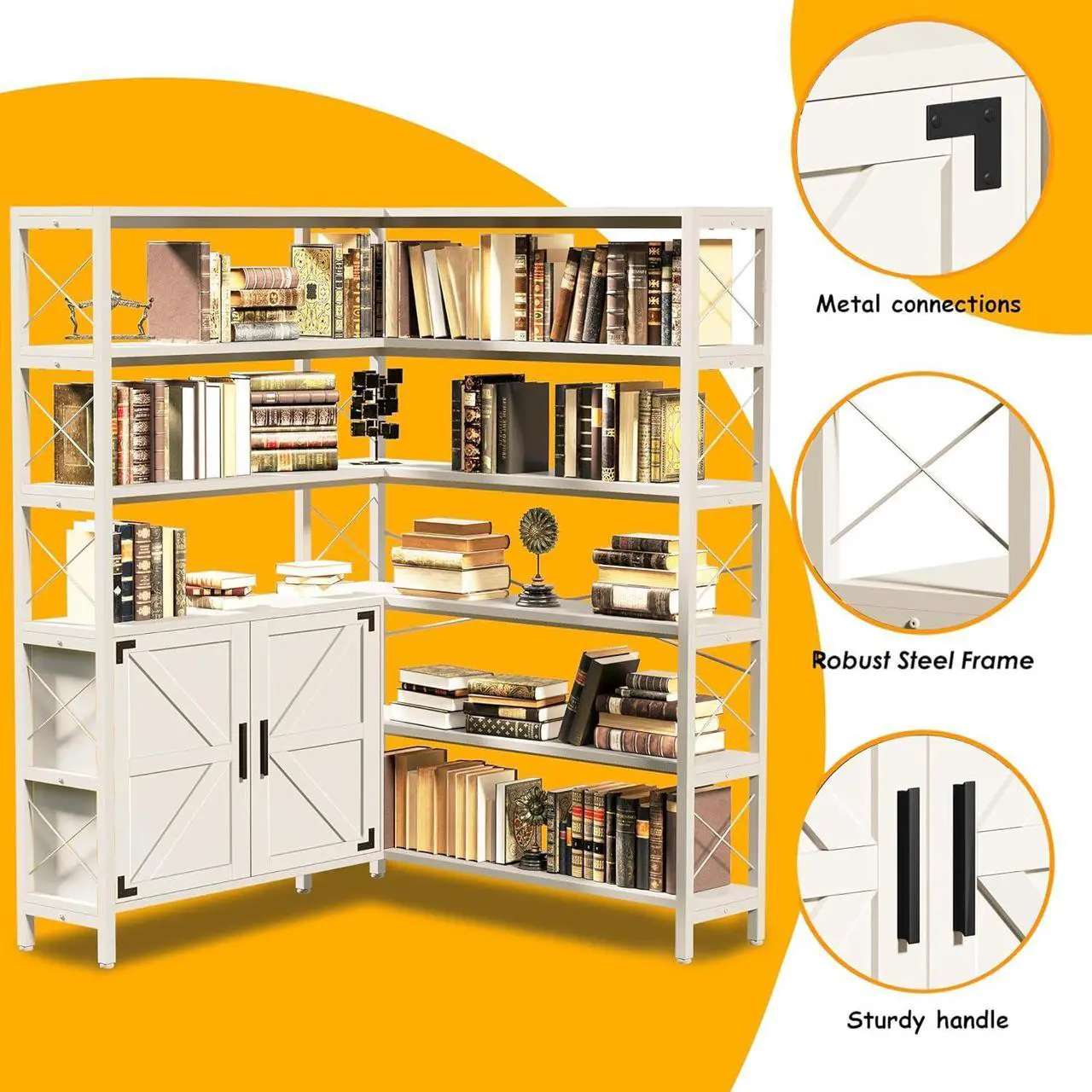 Alt view image 3 of 7 - 6-Shelf Corner Bookshelf, Vintage Industrial Corner Shelf Etagere Bookcase, Large Book Shelf with Metal Frame Open Storage Corner Cabinet (White-Lockers, Large)