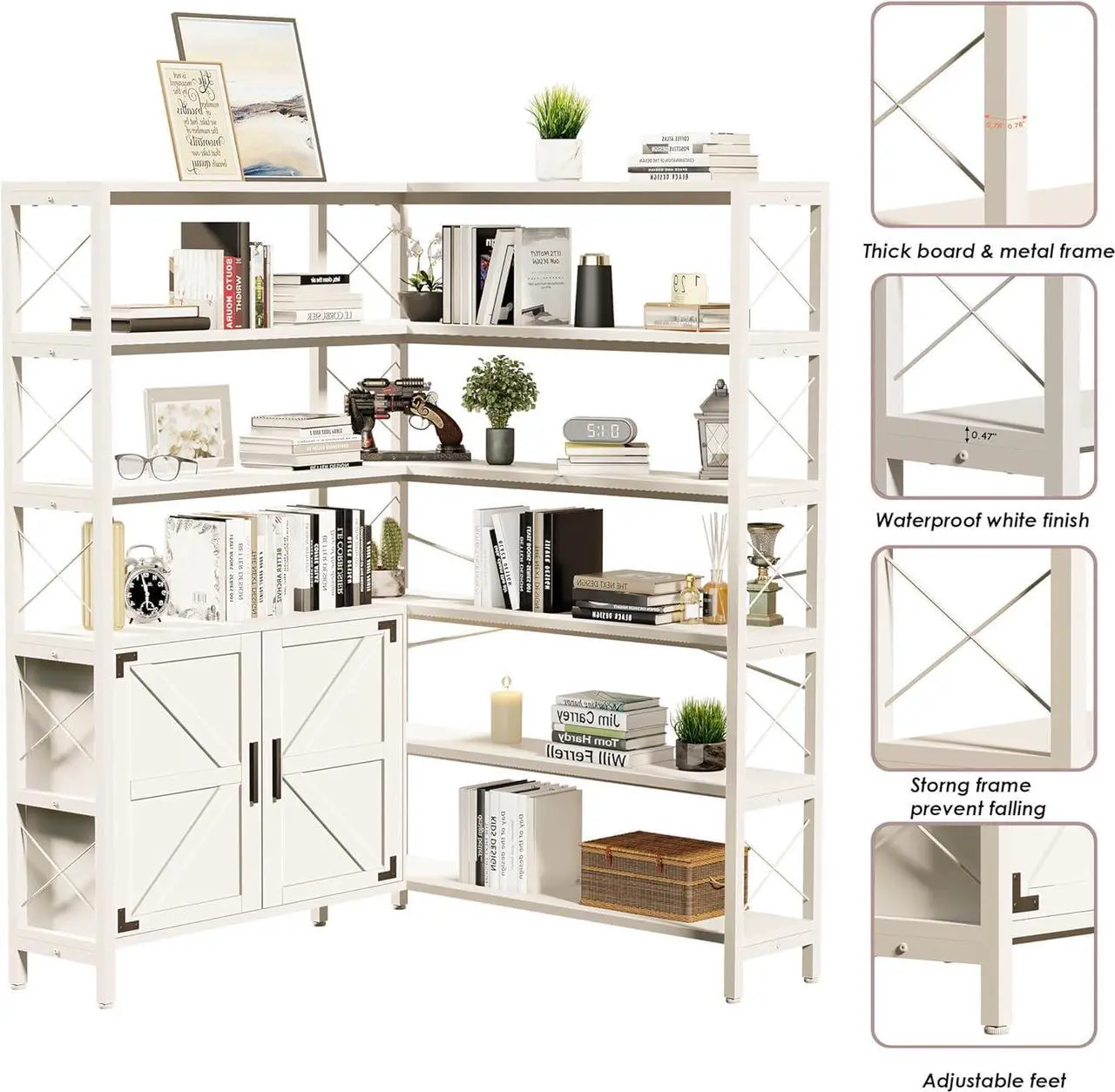 Alt view image 4 of 7 - 6-Shelf Corner Bookshelf, Vintage Industrial Corner Shelf Etagere Bookcase, Large Book Shelf with Metal Frame Open Storage Corner Cabinet (White-Lockers, Large)