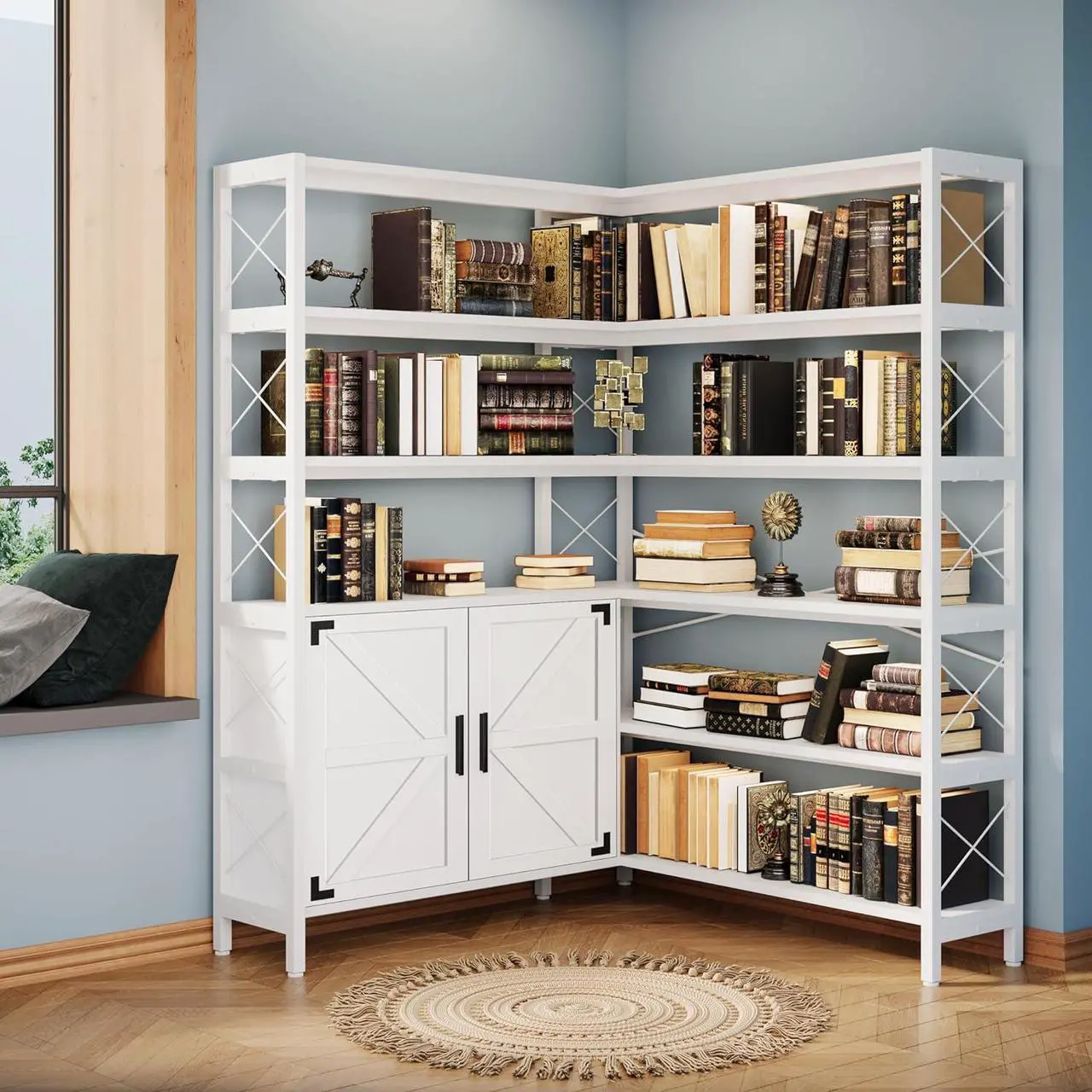 Alt view image 7 of 7 - 6-Shelf Corner Bookshelf, Vintage Industrial Corner Shelf Etagere Bookcase, Large Book Shelf with Metal Frame Open Storage Corner Cabinet (White-Lockers, Large)