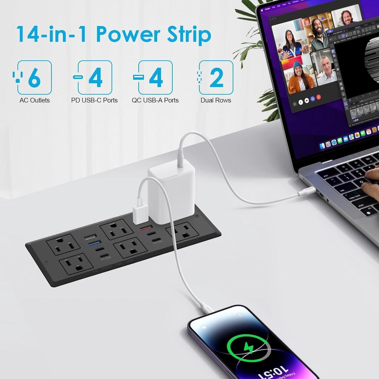 Alt view image 3 of 6 - 30W Recessed Power Strip USB C, Desk Flush Mount Outlet Plug in 6 AC & 8 USB Ports for Furniture Conference Power Hub, 6FT