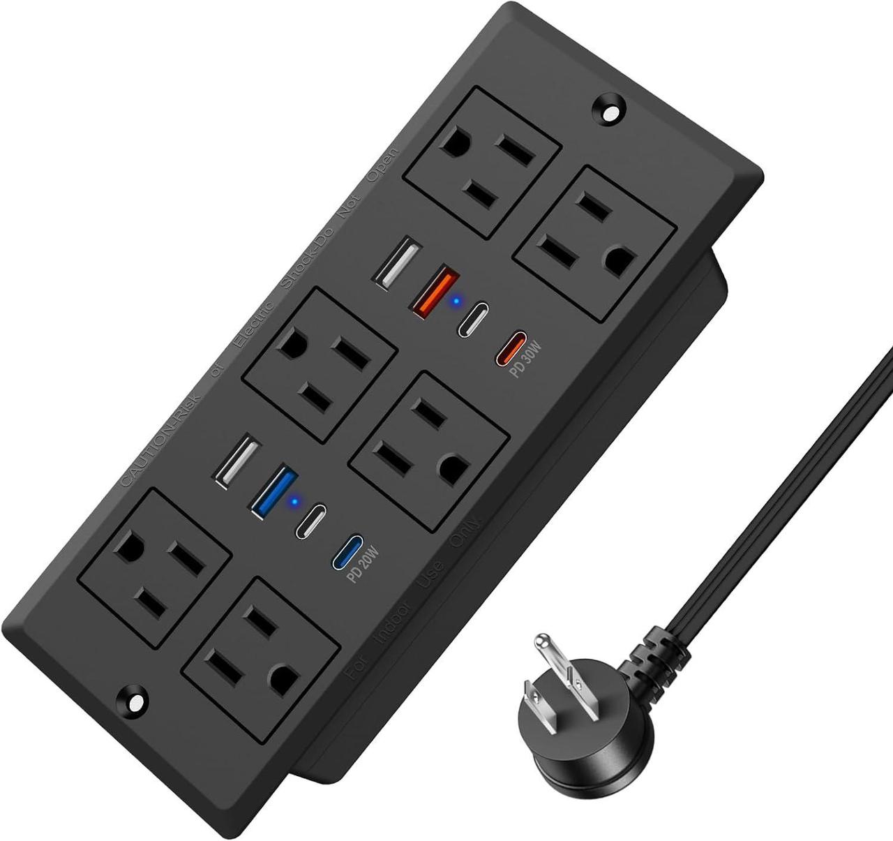 Main image of 30W Recessed Power Strip USB C, Desk Flush Mount Outlet Plug in 6 AC & 8 USB Ports for Furniture Conference Power Hub, 6FT