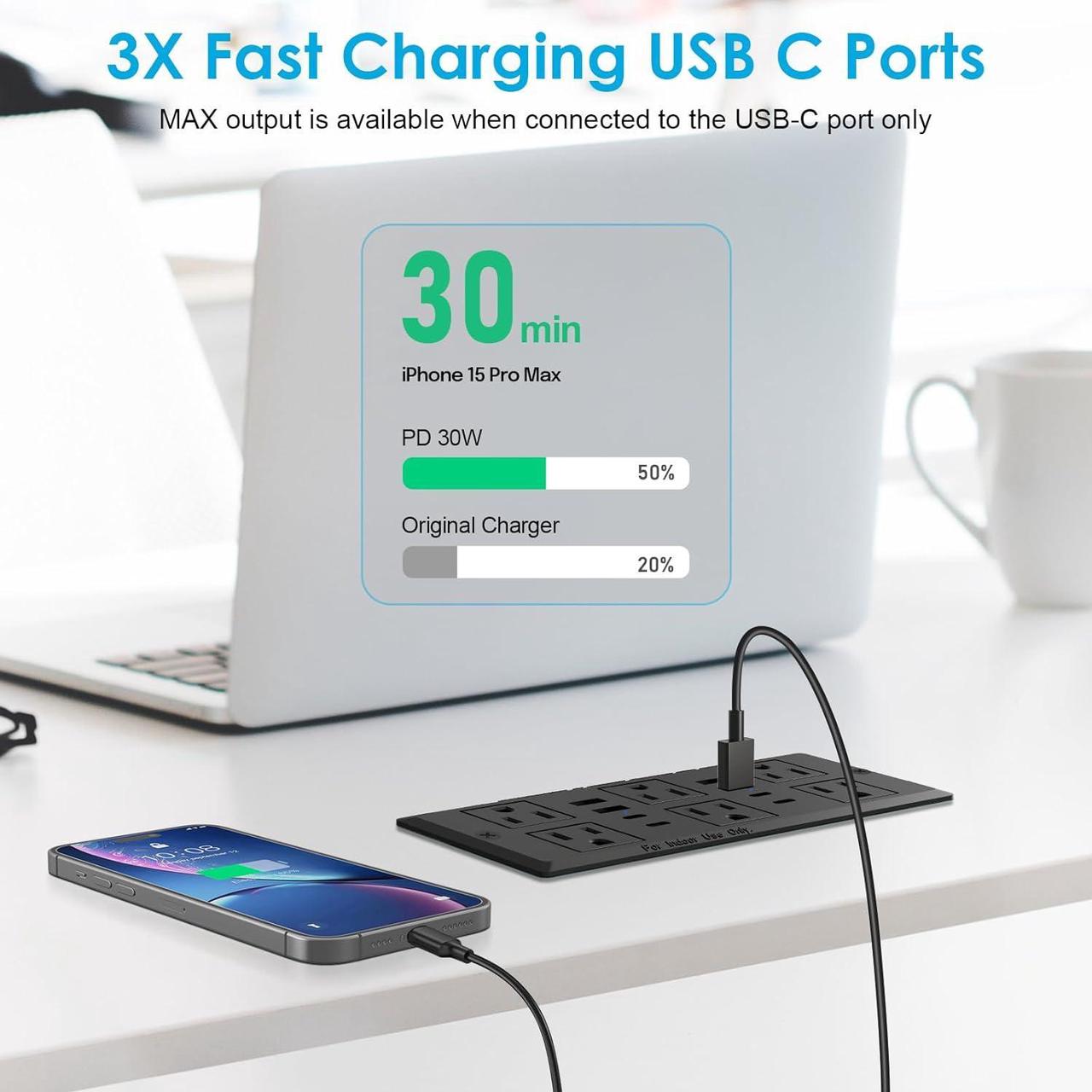 Alt view image 4 of 6 - 30W Recessed Power Strip USB C, Desk Flush Mount Outlet Plug in 6 AC & 8 USB Ports for Furniture Conference Power Hub, 6FT