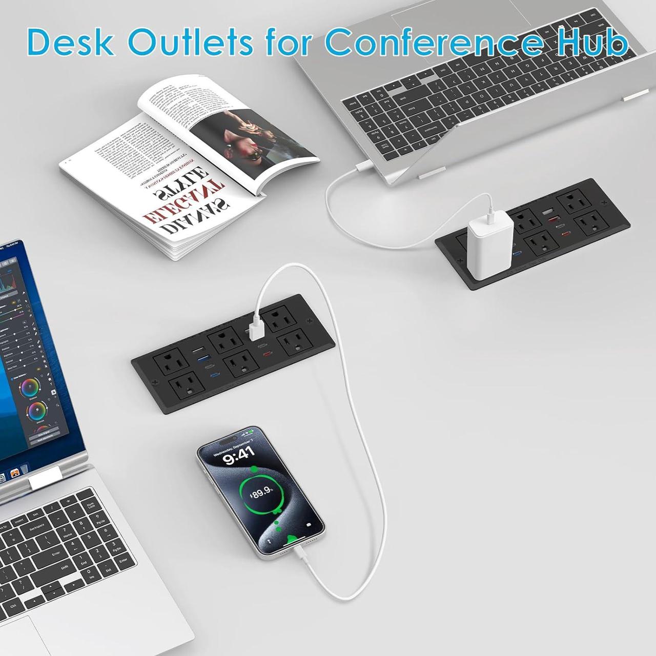 Alt view image 6 of 6 - 30W Recessed Power Strip USB C, Desk Flush Mount Outlet Plug in 6 AC & 8 USB Ports for Furniture Conference Power Hub, 6FT