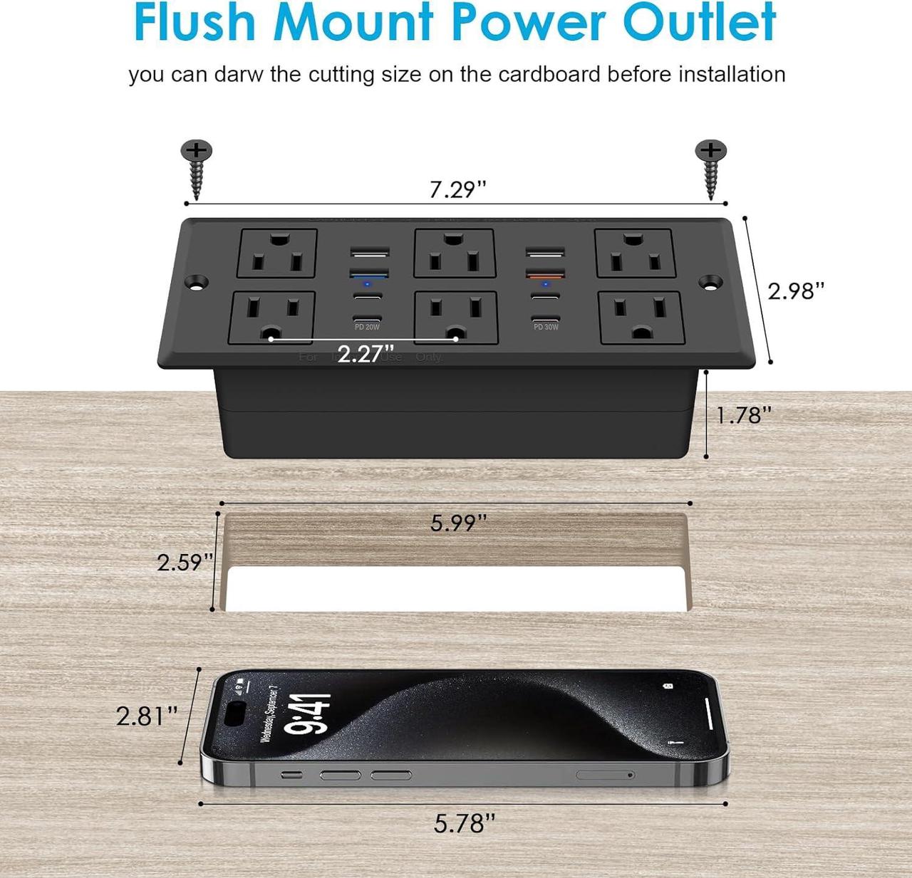 Alt view image 2 of 6 - 30W Recessed Power Strip USB C, Desk Flush Mount Outlet Plug in 6 AC & 8 USB Ports for Furniture Conference Power Hub, 6FT