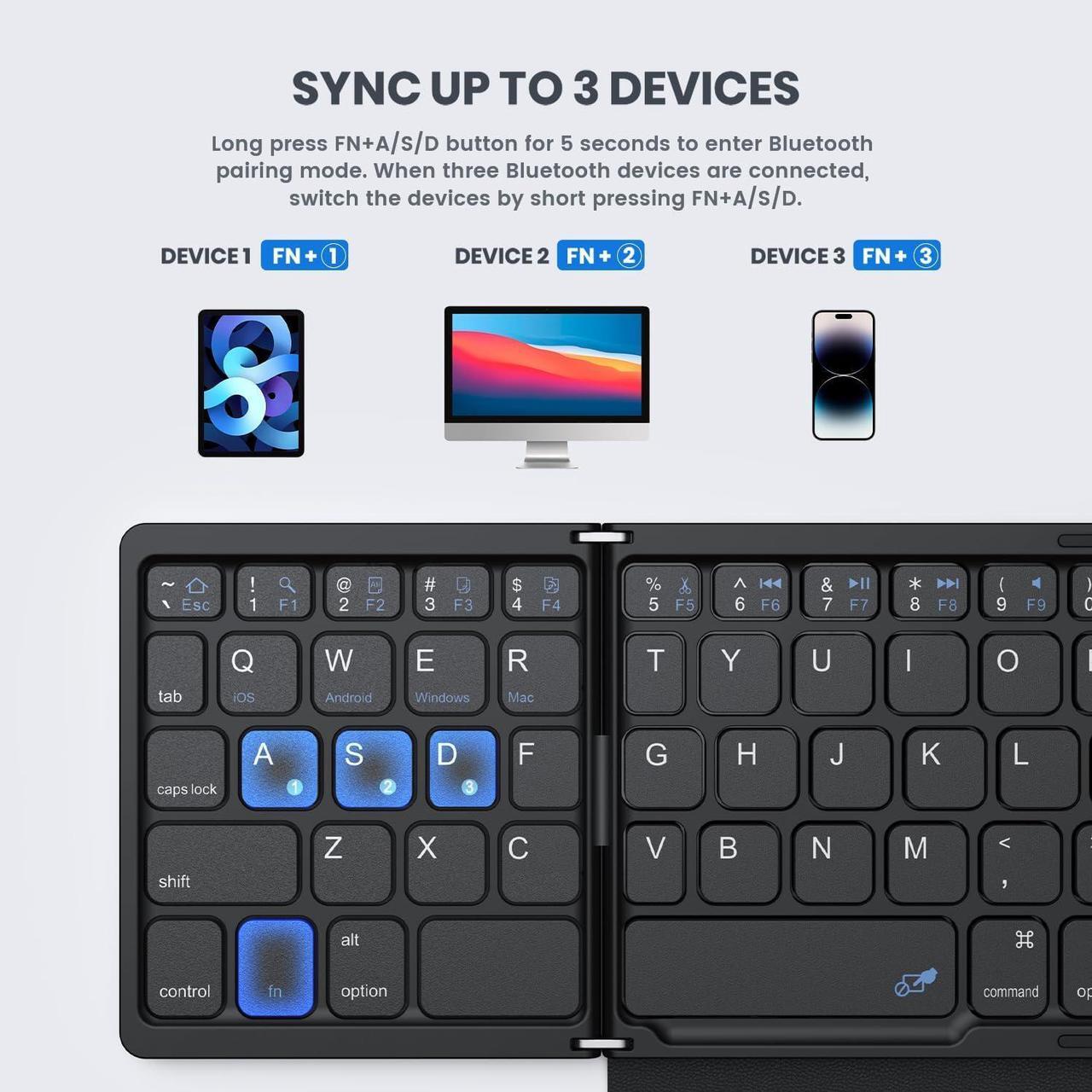 Alt view image 3 of 7 - Foldable Bluetooth Keyboard with Touchpad, Portable PU Leather Wireless Travel Keyboard for Windows, iOS, Android, Mac,BLACK