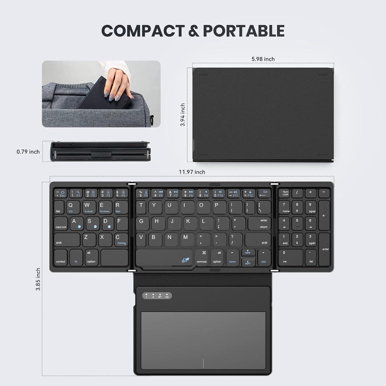 Alt view image 7 of 7 - Foldable Bluetooth Keyboard with Touchpad, Portable PU Leather Wireless Travel Keyboard for Windows, iOS, Android, Mac,BLACK