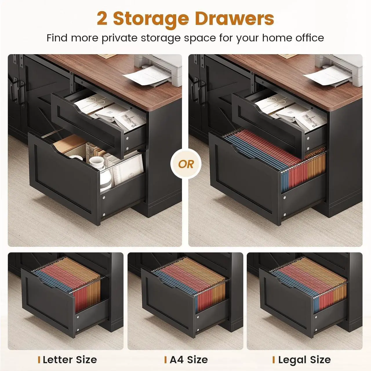 Alt view image 5 of 7 - Farmhouse L Shaped Standing Desk, 55 inch Height Adjustable Corner Desk with Storage Drawers, Standing Computer Desks with Power Outlets for Home Office, Black