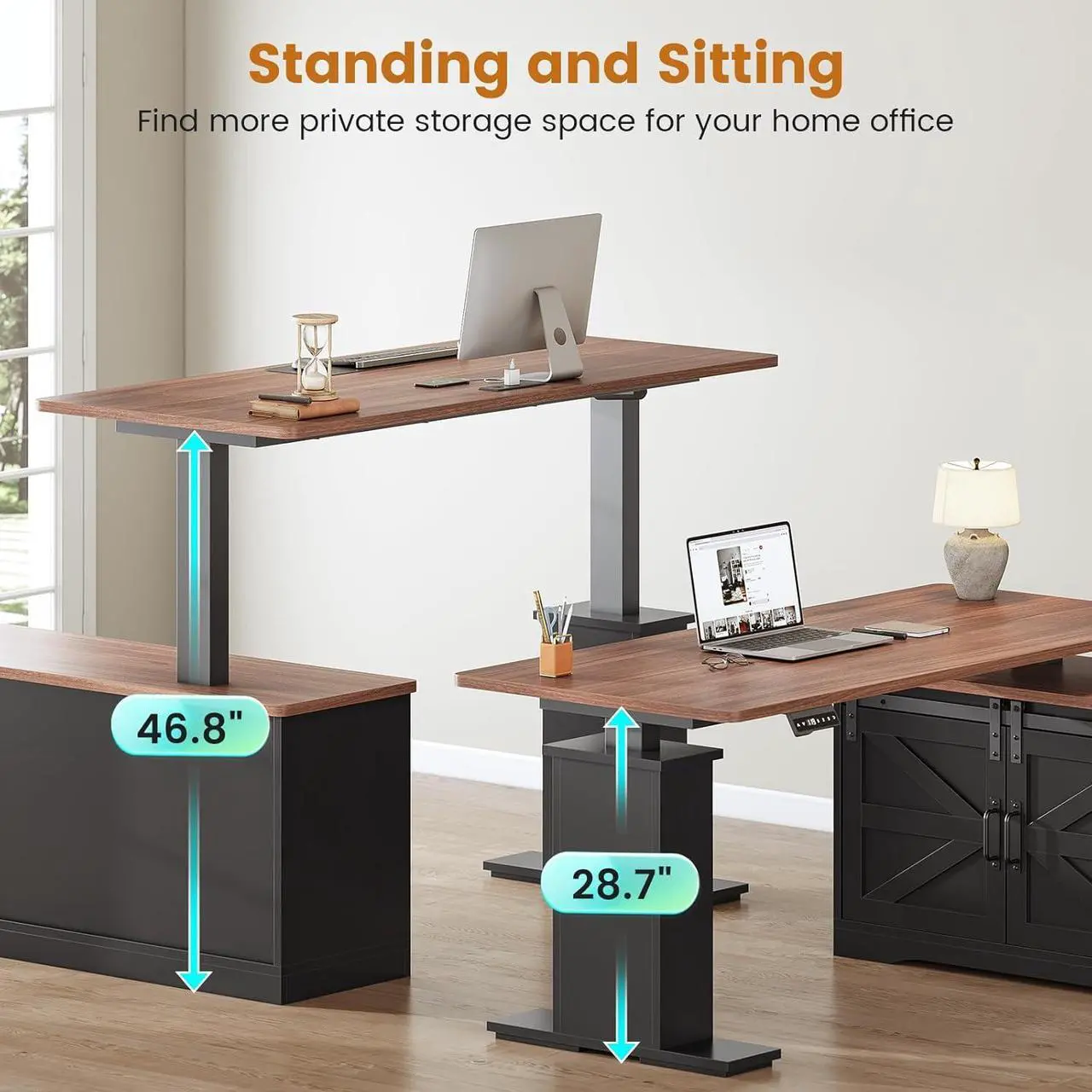Alt view image 3 of 7 - Farmhouse L Shaped Standing Desk, 55 inch Height Adjustable Corner Desk with Storage Drawers, Standing Computer Desks with Power Outlets for Home Office, Black