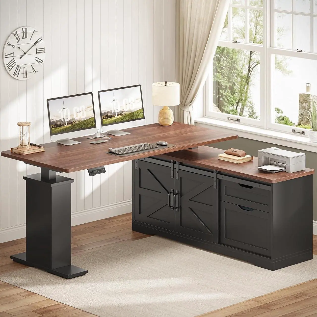 Main image of Farmhouse L Shaped Standing Desk, 55 inch Height Adjustable Corner Desk with Storage Drawers, Standing Computer Desks with Power Outlets for Home Office, Black