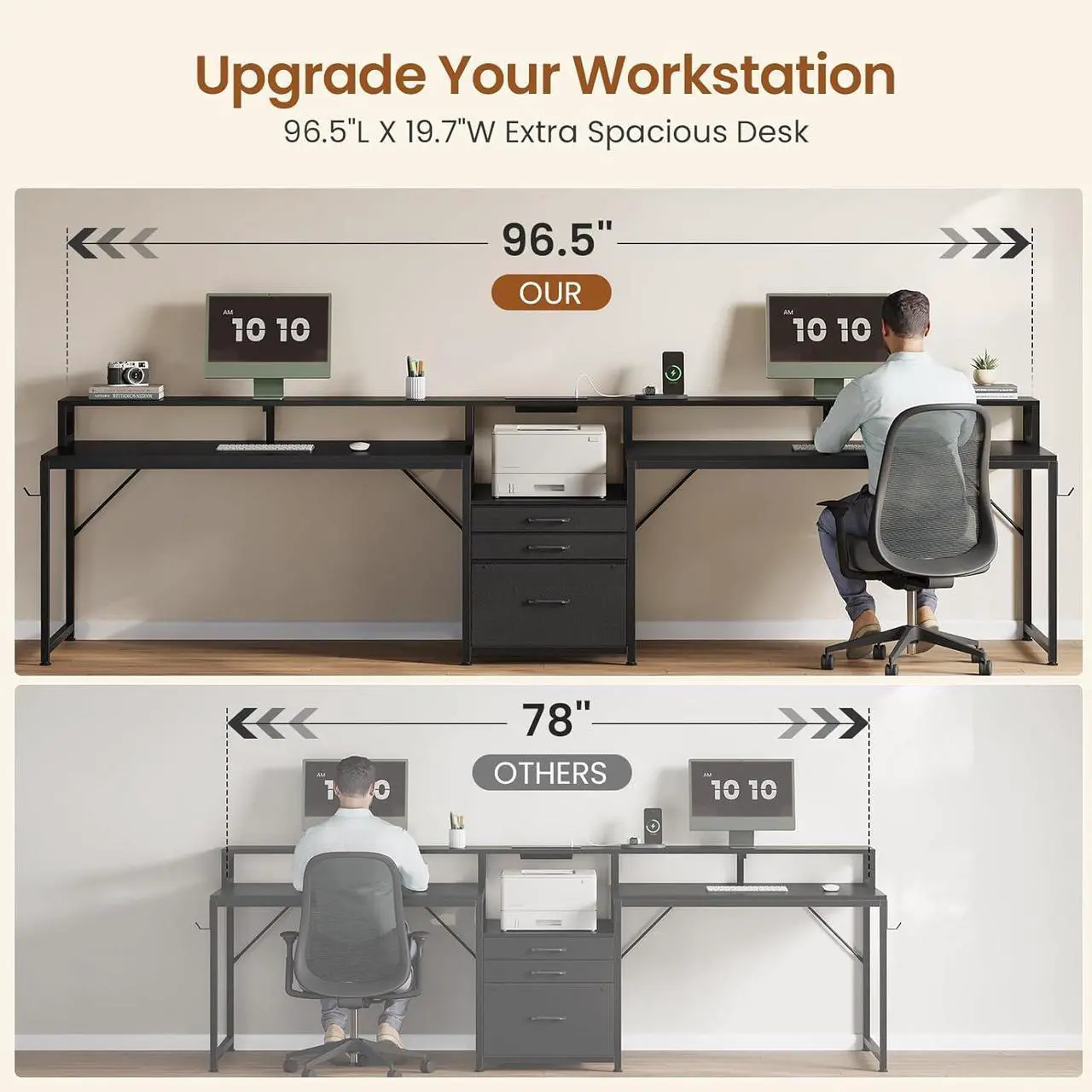 Alt view image 4 of 7 - 96.5" Office Desk, 2 Person Computer Desk with 3 Fabric Drawers & Power Strip, Long Gaming Desk with LED Light & Monitor Stand for Home Office, Black