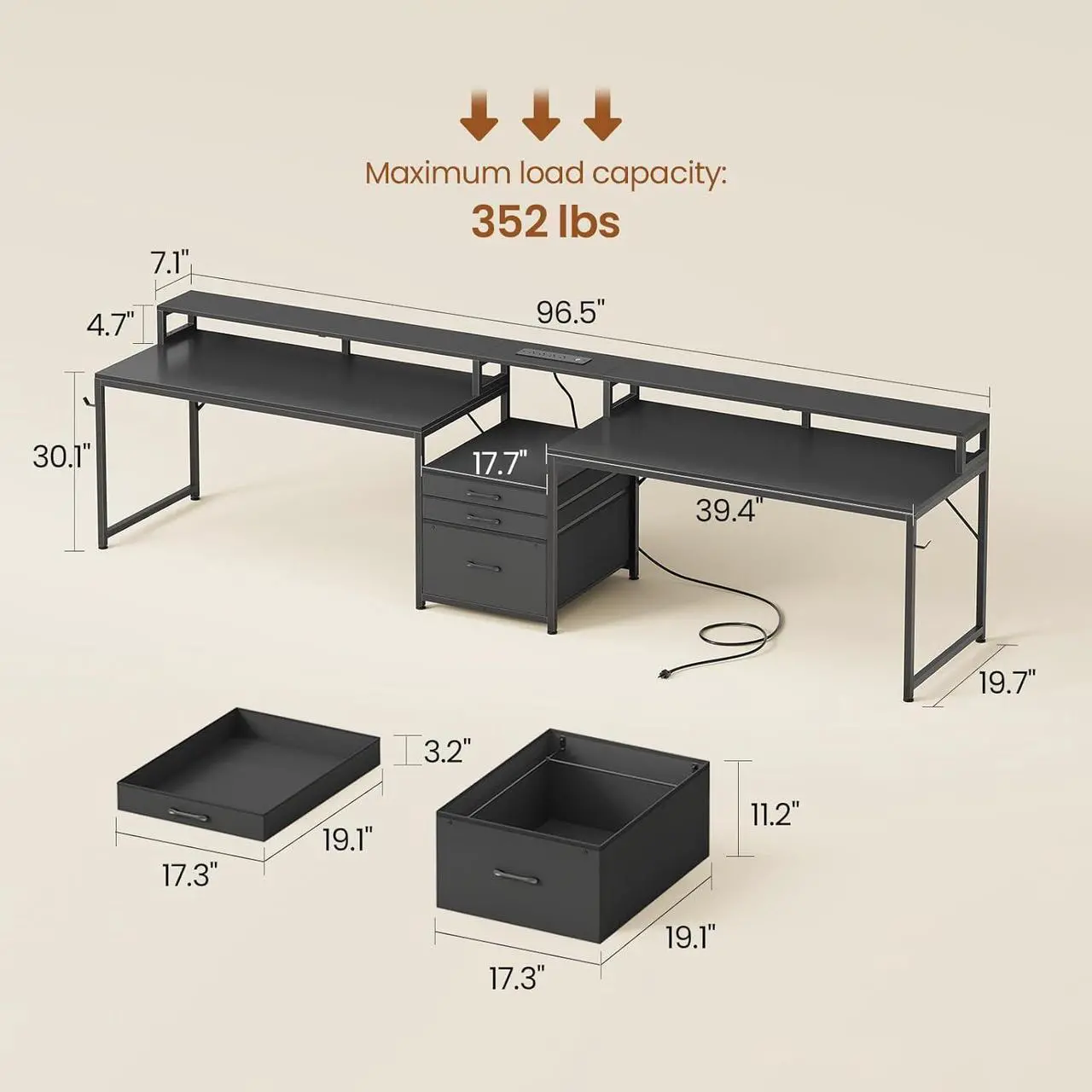 Alt view image 2 of 7 - 96.5" Office Desk, 2 Person Computer Desk with 3 Fabric Drawers & Power Strip, Long Gaming Desk with LED Light & Monitor Stand for Home Office, Black