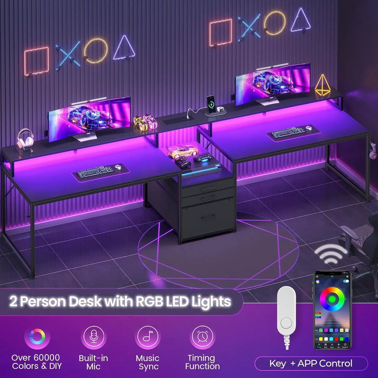 Alt view image 6 of 7 - 96.5" Office Desk, 2 Person Computer Desk with 3 Fabric Drawers & Power Strip, Long Gaming Desk with LED Light & Monitor Stand for Home Office, Black